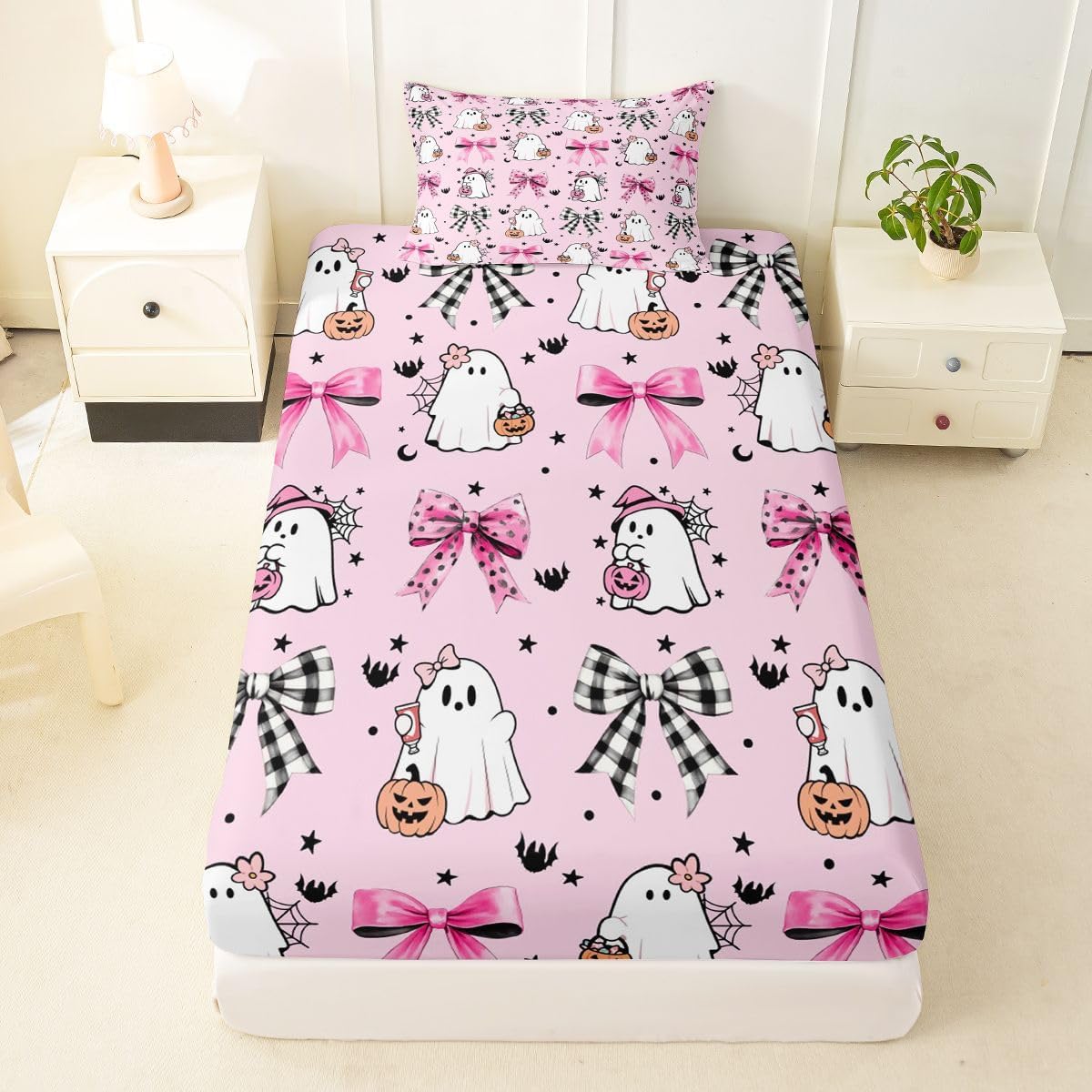 Cartoon Ghosts Fitted Sheet Twin Size 2 Pcs,Halloween Theme Pumpkin Decor Bed Sheet for Kids Girls Teens,Pink Retro Gingham Bow Girly Deep Pocket,1 Pillowcase(No Flat Sheet)