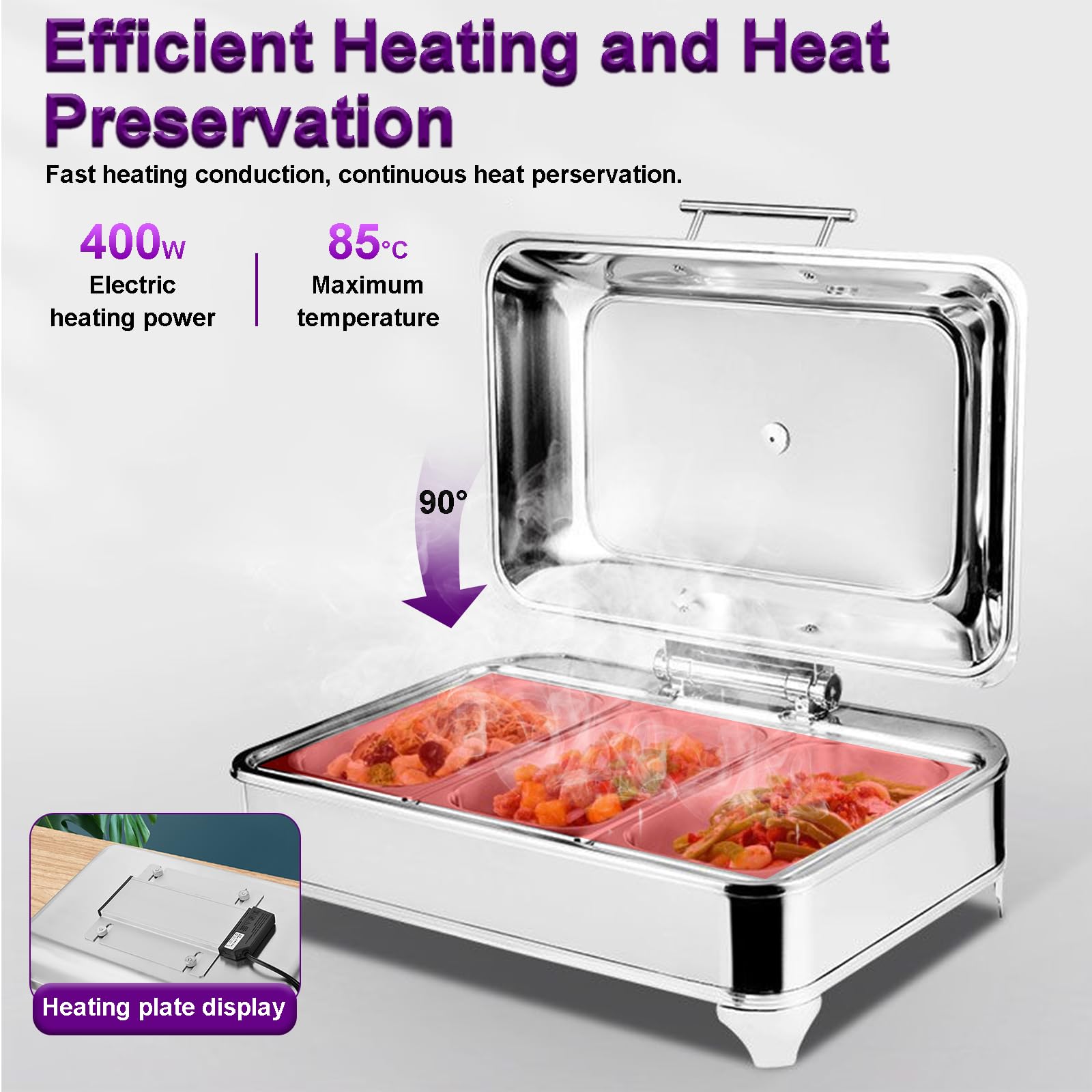 Chafing Dish Eléctrico, 9L Calentador de Comida Electrico para Buffet Temperatura Regulable, Calentador de Buffet in Acero Inoxidable con Tapa Visible(A,1/2 Pan)