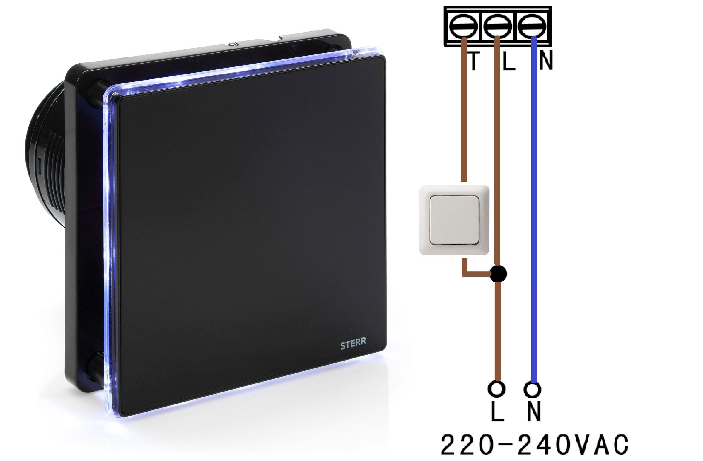 STERR Black Bathroom Extractor Fan with LED Backlight and a Timer 100