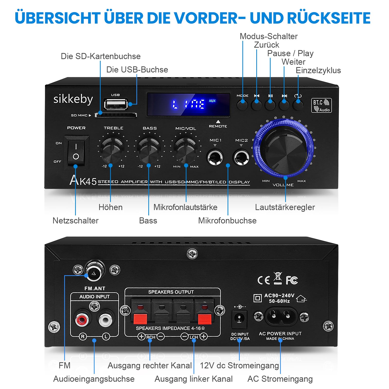 HIFI-Amplificateur,600W Mini récepteur amplificateur audio stéréo Bluetooth,AK45 2-canaux numérique amplificateur audio 12V/220v avec Radio FM,entrée de carte SD/USB pour la maison ou la voiture