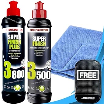 Menzerna 1 x 250ml Super Finish 3500 High Gloss Polish 1 x 250ml Super Finish Plus 3800 Polishing Compound for Marks, Micro Scratches & Holograms with Microfibre Cloth & Non Slip Car Dash Mat