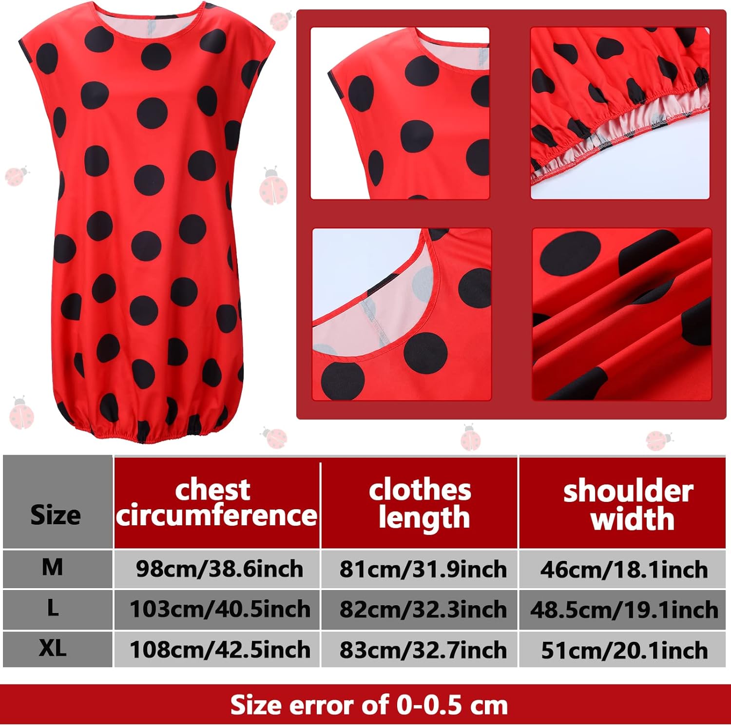 Laumoi 6 Pcs Halloween Ladybug Costume Set for Women Adults Cosplay Outfit Ladybug Wing Dress Headband Leg Warmers Top Pants - Image 2