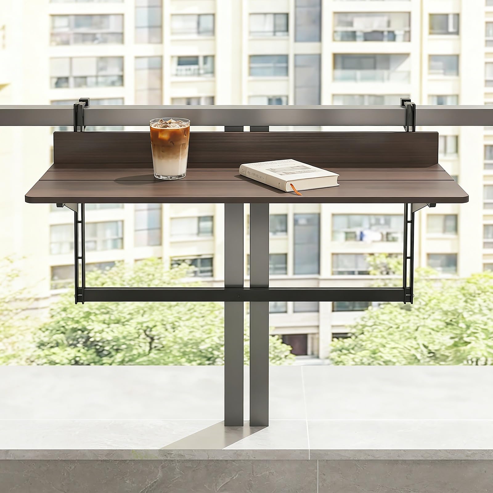 Mesa de Bar Plegable Ajustable para balcón, Ideal para barandillas: Mesa de Exterior Que Ahorra Espacio, 5 Niveles de Altura, fácil Montaje, Ideal para Patio y jardín, Color marrón (120 cm).