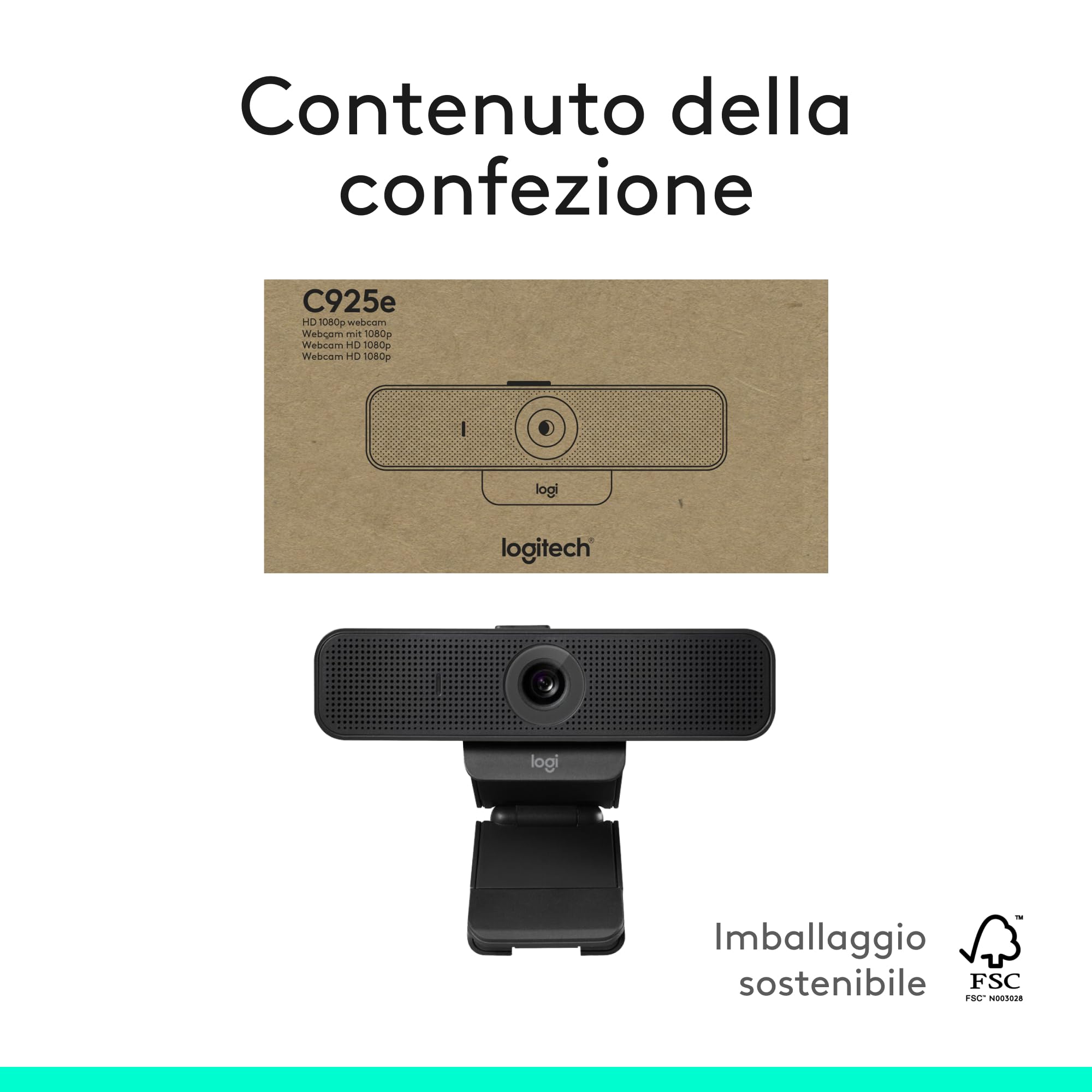 Logitech C925e webcam professionale, video HD 1080p/30fps, correzione dell'illuminazione, autofocus, audio chiaro, copriobiettivo, per Microsoft Teams, Google Meet, Skype, WebEx, Cisco - Nero