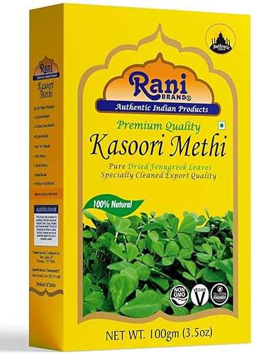 Hojas de fenogreco Rani secas (Kasoori Methi) 3.5 oz (100 g)  Todo natural  Vegano  Apto para gluten  Sin OMG  Kosher  Origen indio