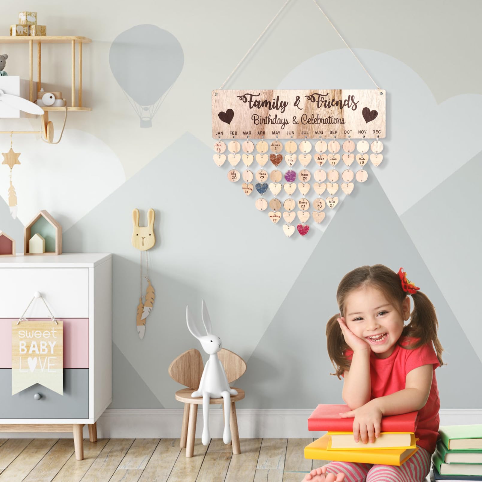 Gadpiparty Calendario in Legno da Appendere alla Parete Promemoria Targa Data e Cuori Pannello Fai da Te per Casa Famiglia e Amici