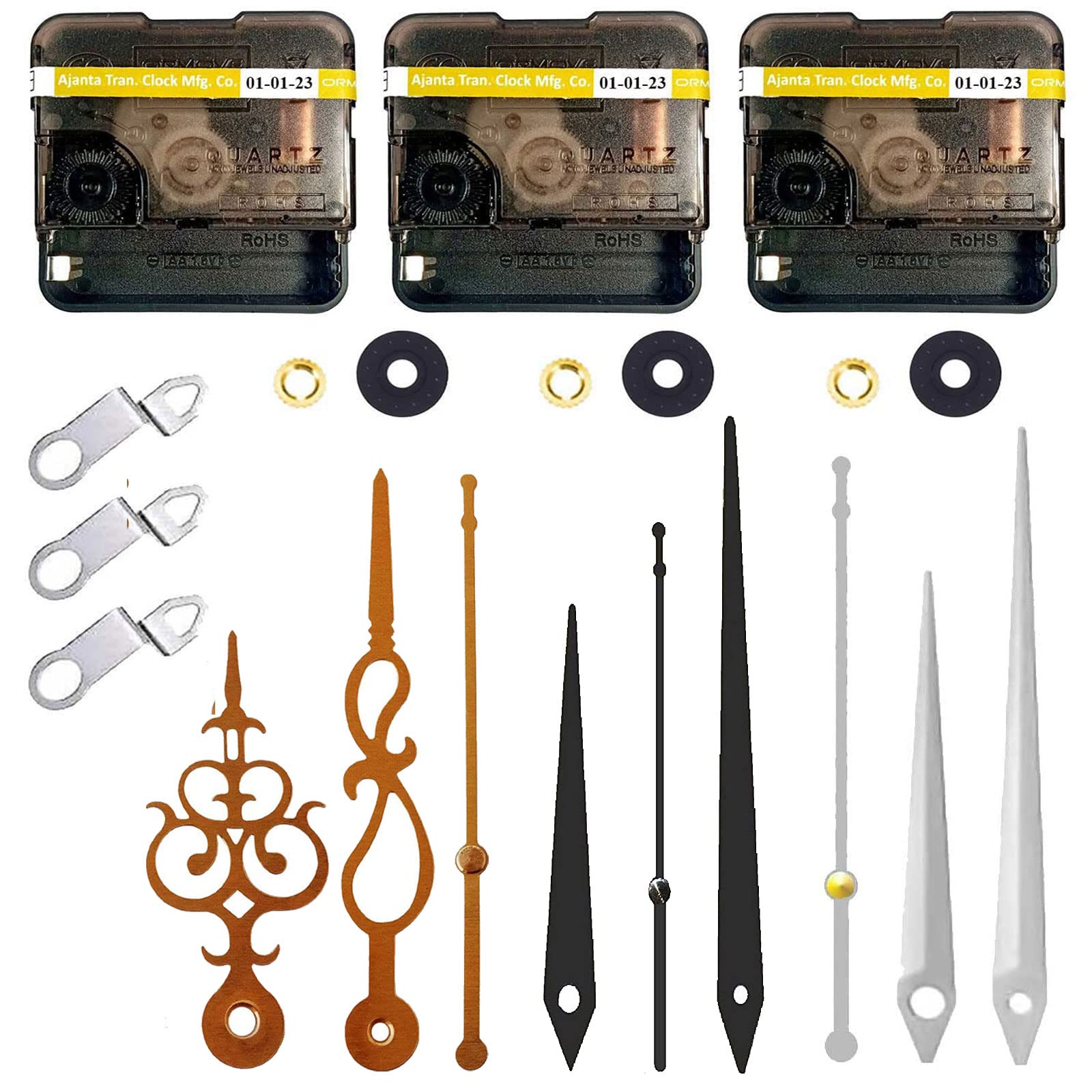 VIAANISH Combo of 3 Ajanta Mfg. Quartz Plastic Ticking Wall Clock Machine Only with Designer Metal Clock Hands (Black-Gold-White) (Black-Gold-White)