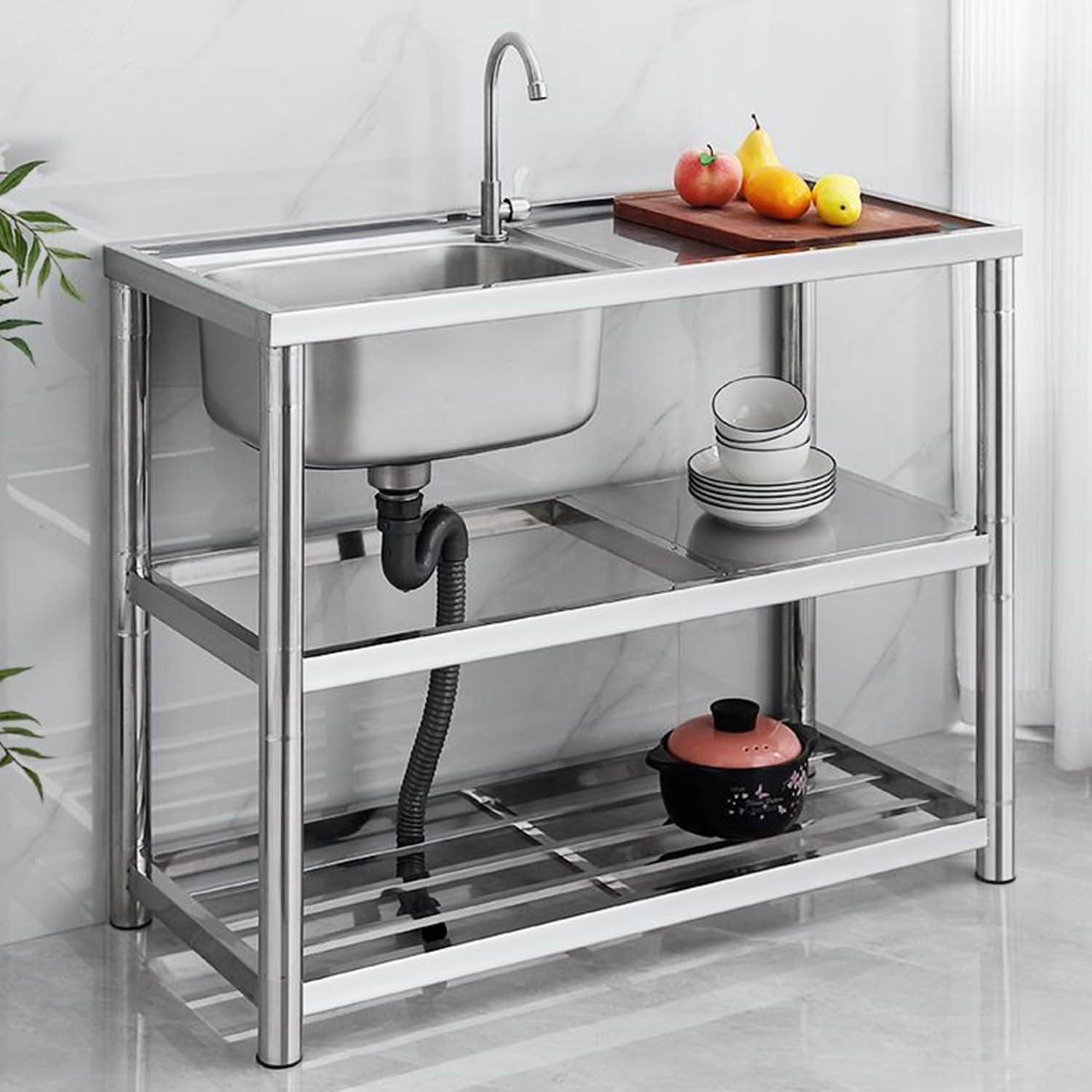 LMYSXAOZ Commercial Stainless Steel Utility SinkSingle Bowl Freestanding Kitchen Sink with Workbench & Shelves for Laundry Room Farmhouse Hotel Indoor/Outdoor120x45x80cm