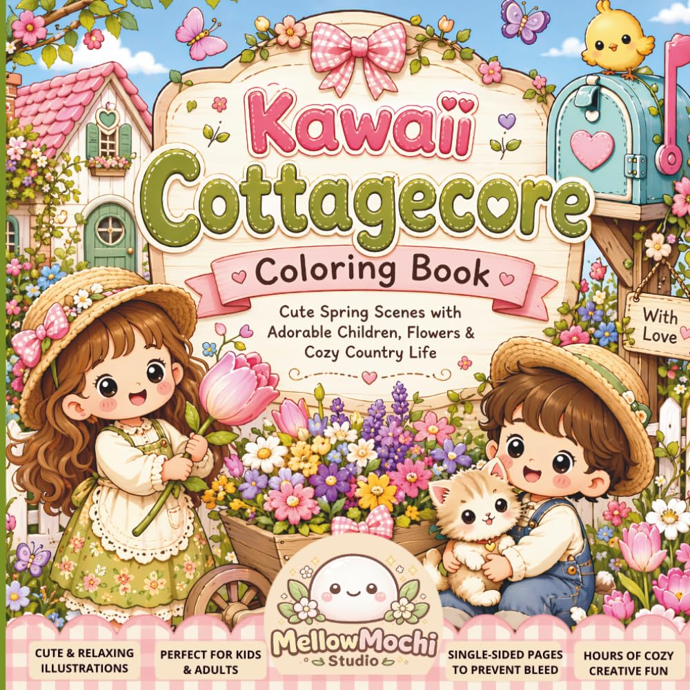 Kawaii Cottagecore Coloring Book: Cute Spring Scenes with Adorable Children, Flowers and Cozy Country Life (Relaxing Coloring Pages for Kids, Teens & Adults)