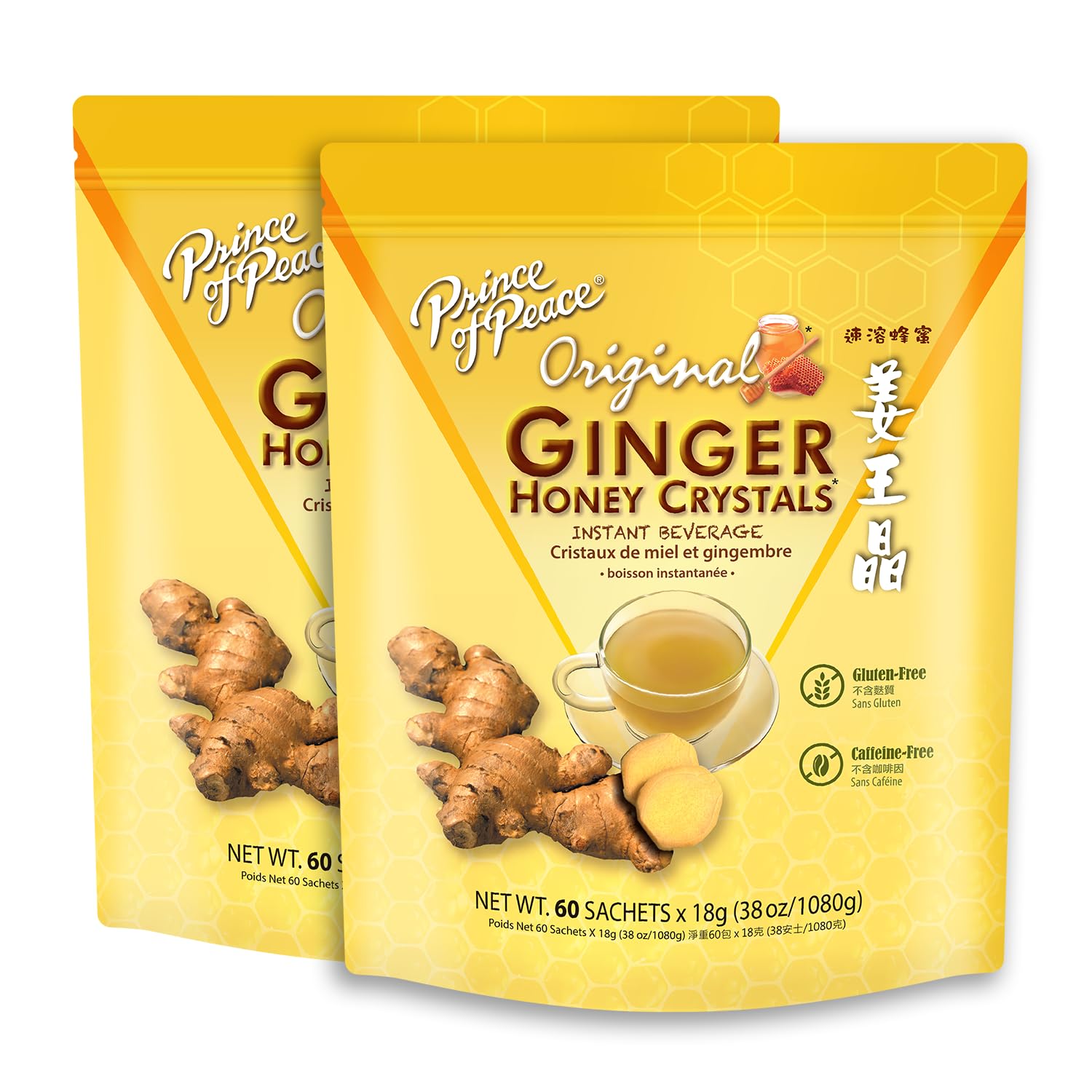 Prince of Peace Instant Ginger Honey Crystals Original, 60 Sachets - pack of 2 – Instant Hot or Cold Beverage that Soothes Throat – Easy to Brew – Drink Like a Tea – Gluten Free – Real Ginger