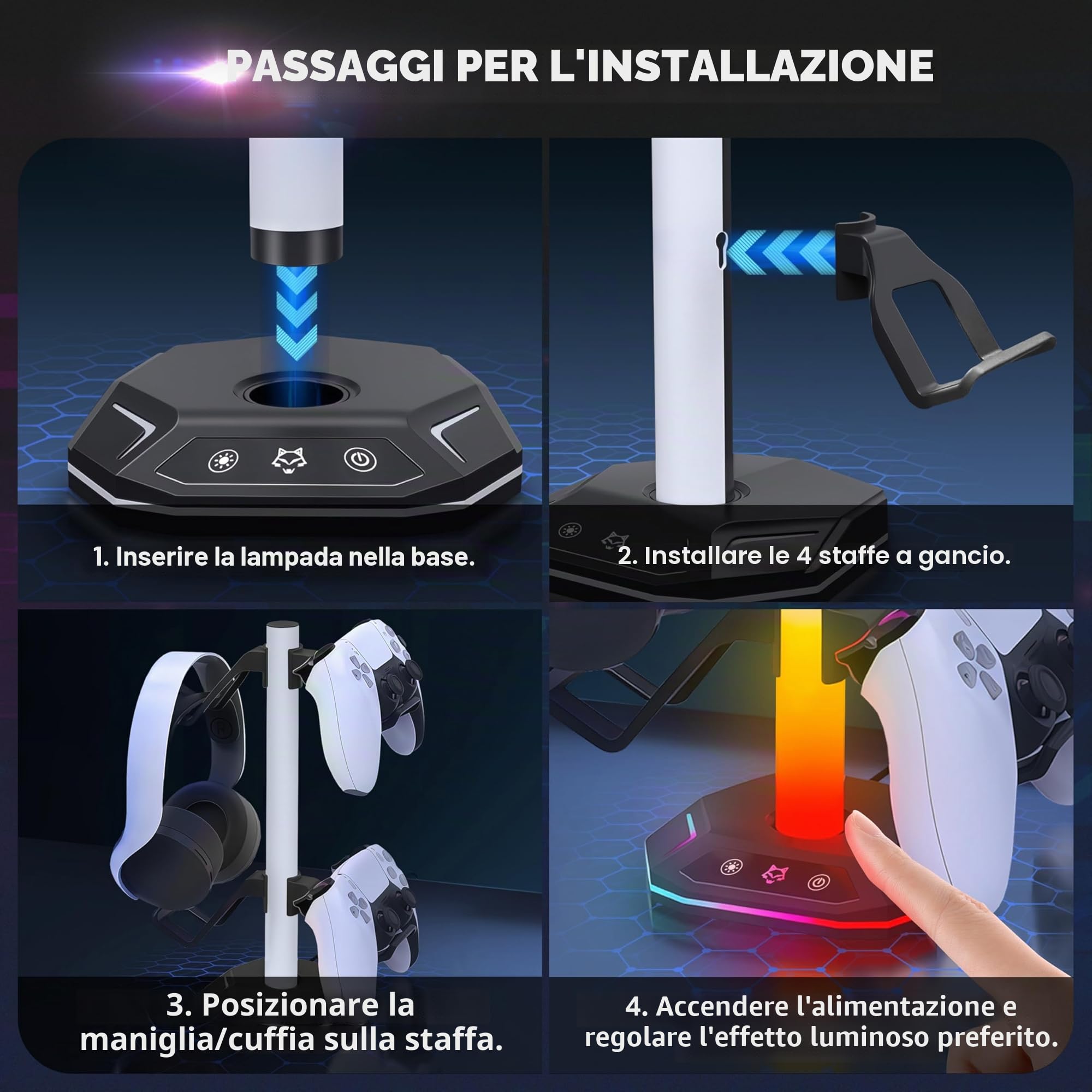 auvstar Porta Joystick Supporto Cuffie Gaming USB Type-C con Retroilluminazione RGB 10 Modalità (Nero)