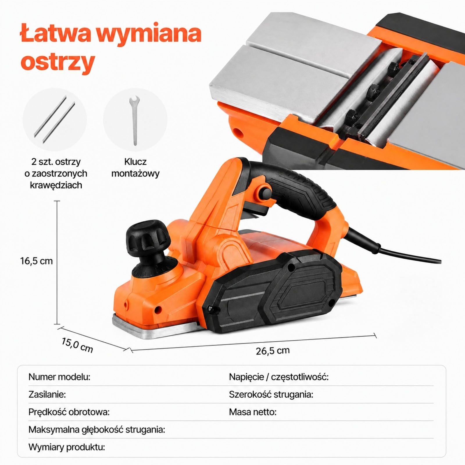Strug elektryczny do drewna 650 W 16800 obr/min, regulowana głębokość, 2 ostrza, obróbka, fazowanie, projekty DIY