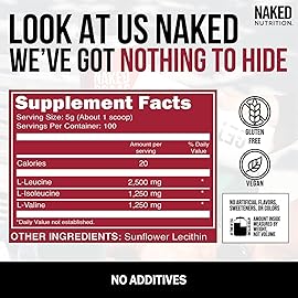 NAKED BCAAs Amino Acids Powder, Only 1 Ingredient, Pure 2:1:1 Formula, Vegan Unflavored Branched Chain Amino Acids, Instantized All Natural BCAA Supplement - 500 Grams, 100 Servings