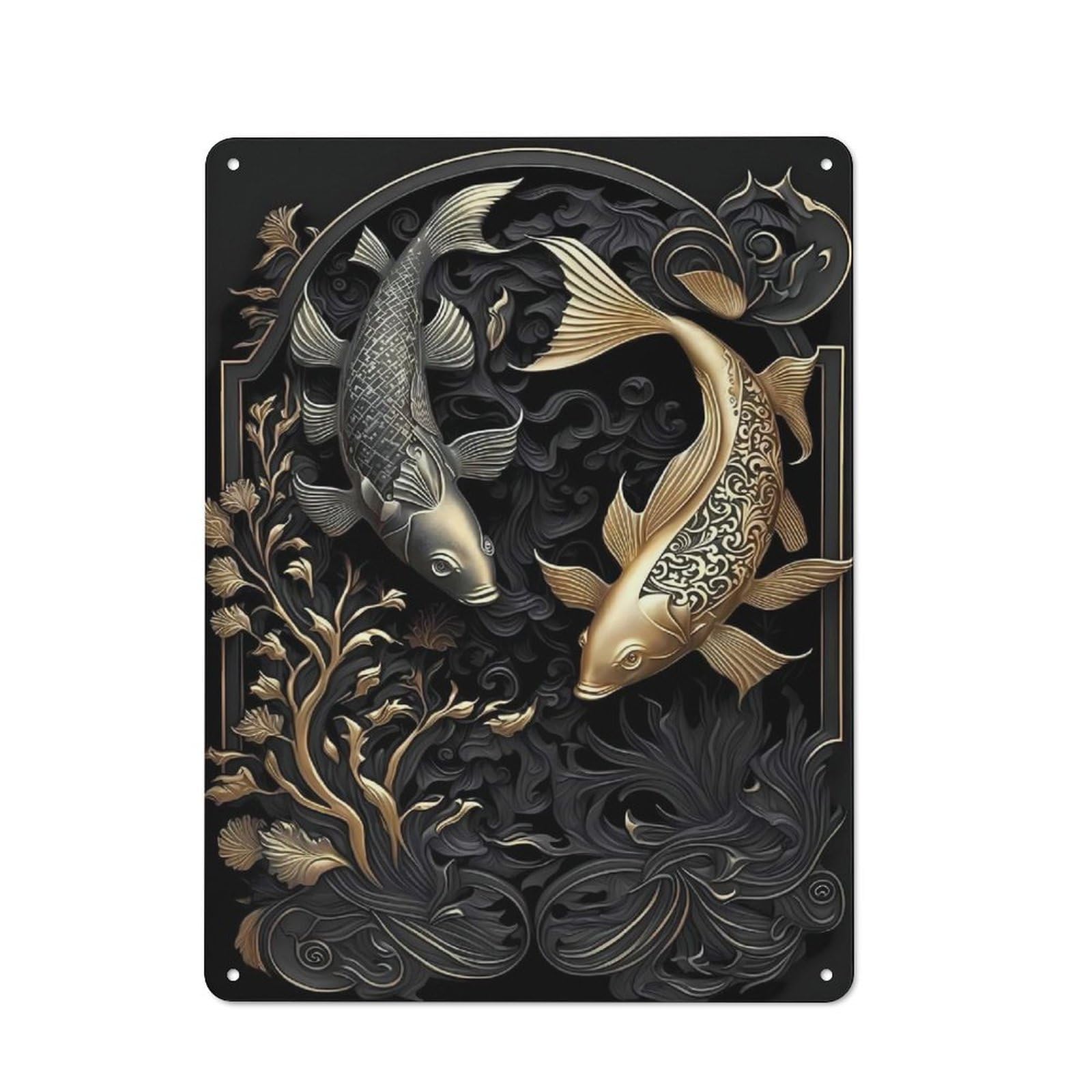 Junmoney Style-21 Silver Golden Japan Fish Modern Vintage Metal Wall Decor 40X30cm, Tin Sign For Hobby Room, Office, Lounge Or Living Room