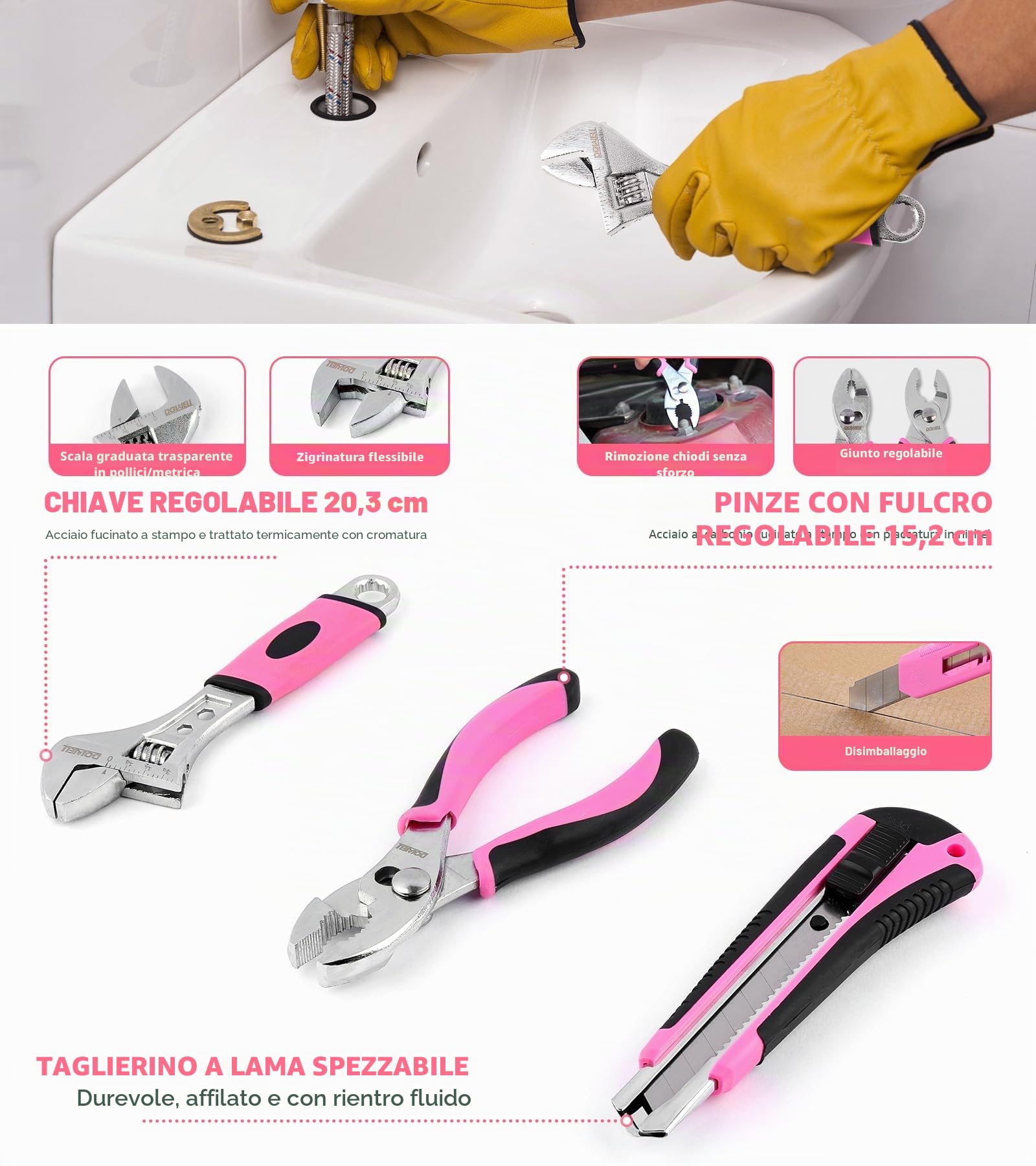 Dowell, kit di attrezzi per la riparazione domestica da 123 pezzi in rosa per donne e ragazze - Kit di attrezzi fai da te tutto in uno con impugnature ergonomiche, scatola degli attrezzi resistente