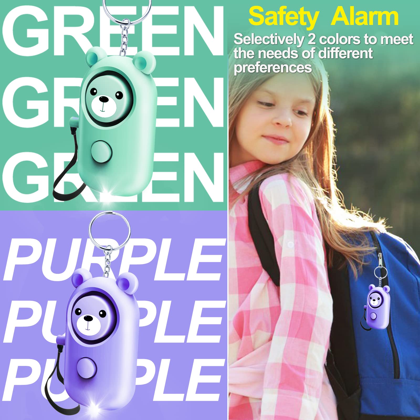Allarme personale per donne, bambini e anziani, suono sicuro, sirena di emergenza da 130 dB, allarme di sicurezza autodifesa, portachiavi ad alta voce con luce LED (smeraldo + viola)