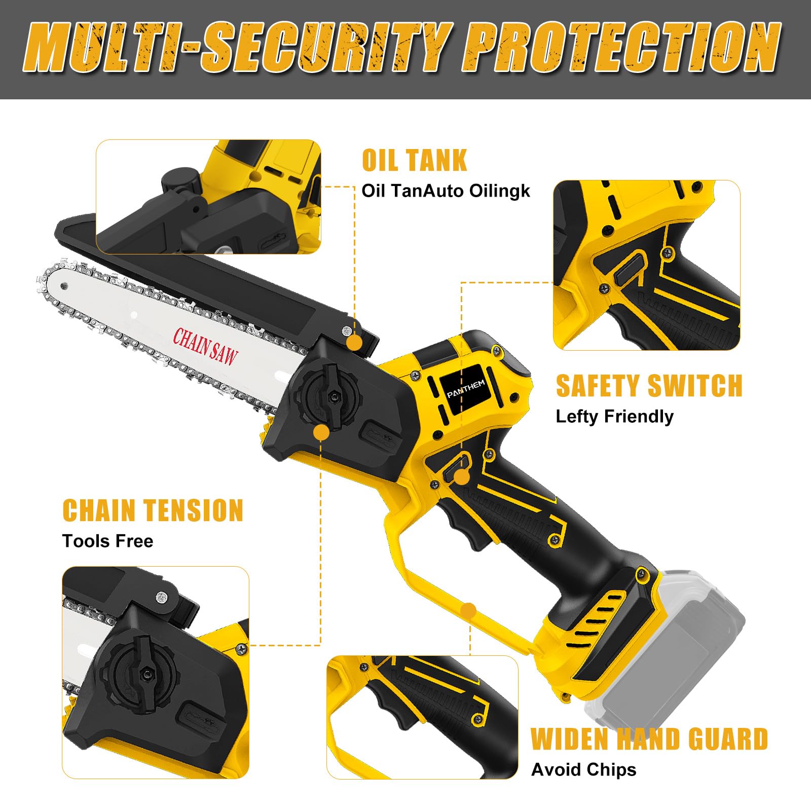 Mini Akku Kettensäge kompatibel mit Dewalt 18V 20V (Ohne akku), Bürstenlose 8 Zoll 6 Zoll Elektro Kettensäge, klein Kettensägen Kette Sicherheitsschloss astsäge Säge Handkettensäge