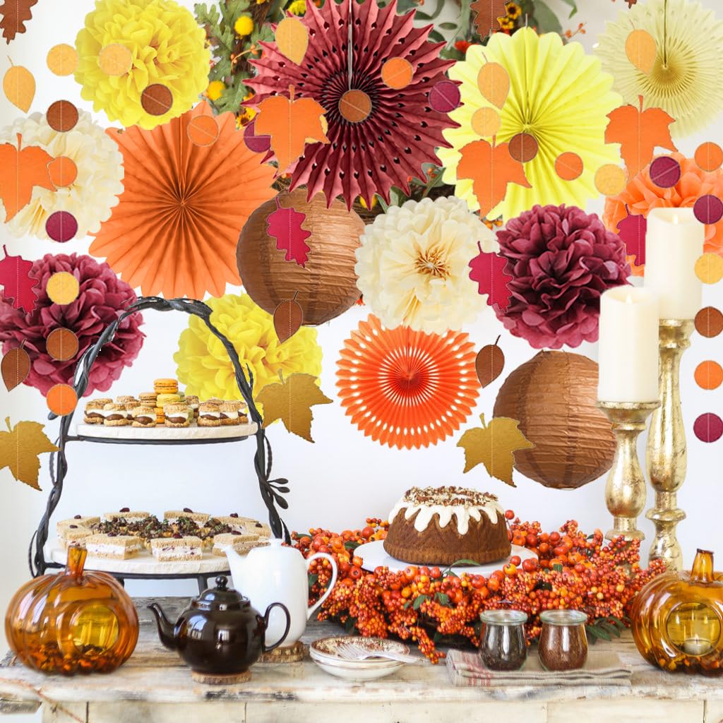 Decoraciones de Fiesta de Otoño: Abanicos de Papel Naranja y Burdeos, Pompones Amarillos, Faroles, Guirnalda de Hojas de Arce, Lunares Circulares para Cosecha, Cumpleaños