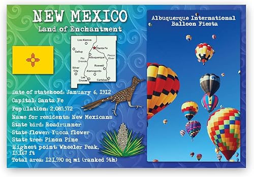NEW MEXICO STATE HECHOS Juego de 20 postales idénticas. Tarjetas postales con hechos NM y símbolos estatales. Fabricado en Estados Unidos.