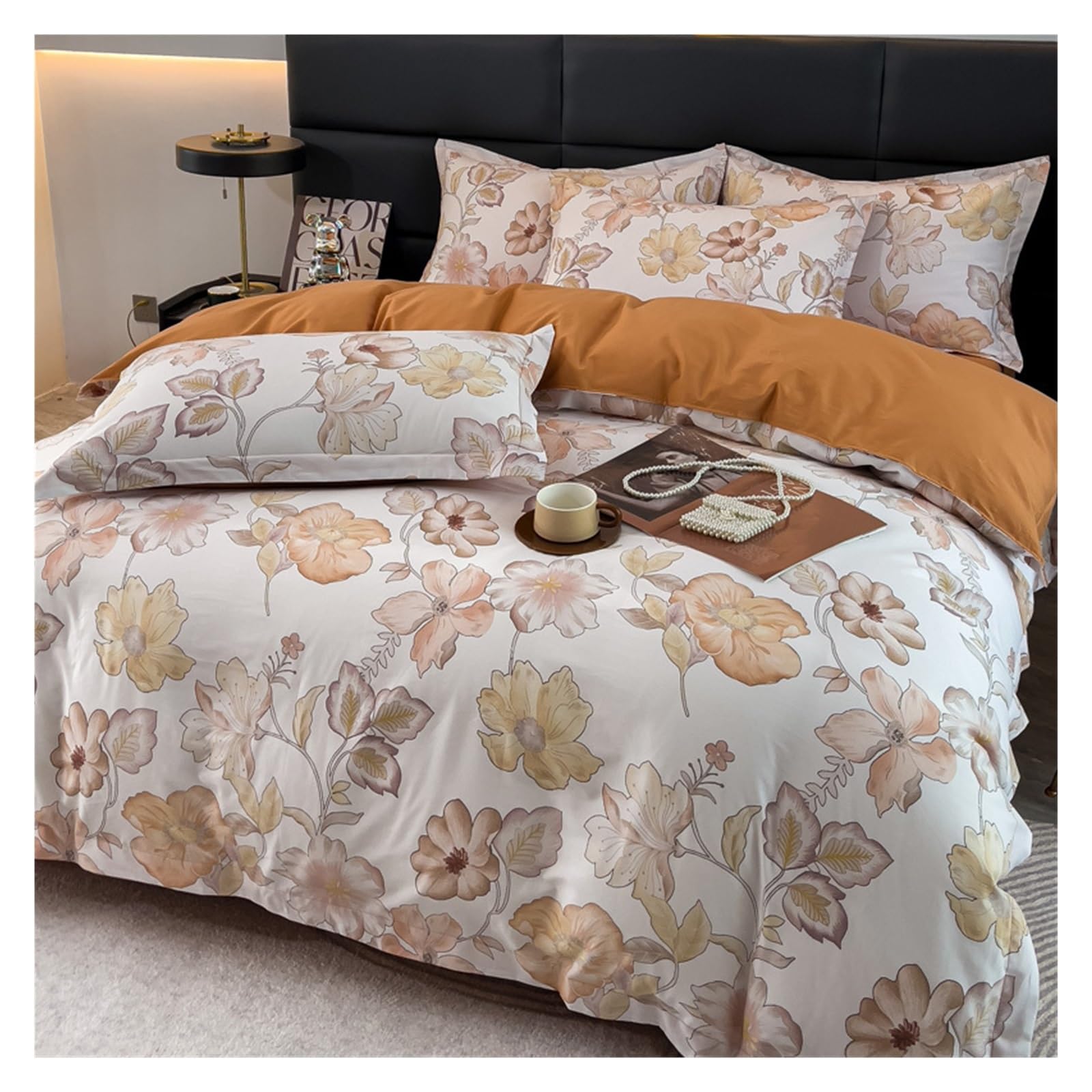 Housse de couette 4 pièces avec fermeture éclair drap 200x230cm floral coton