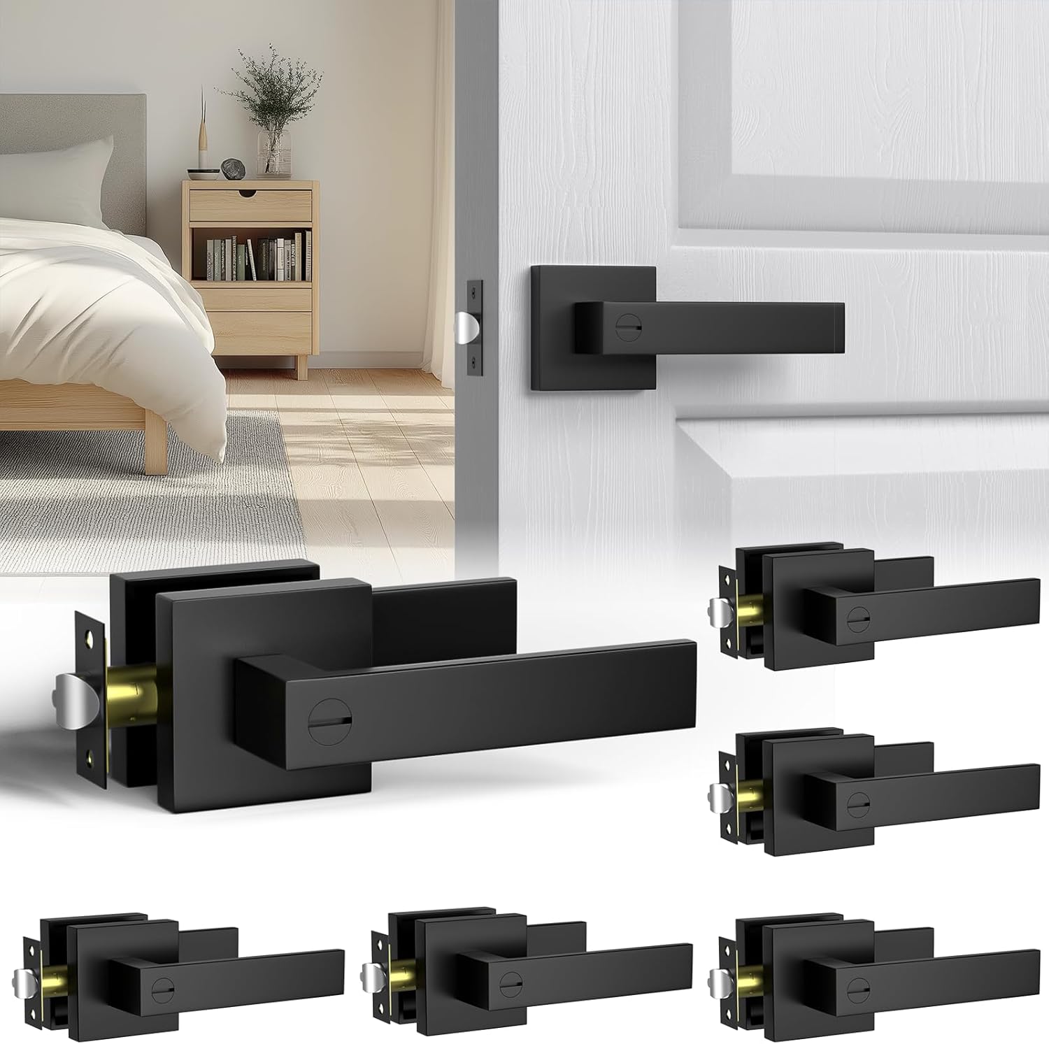 Matte Black Door Handle 6 Pack, Keyless Privacy Door Lever with Lock, Zinc Alloy Door Handles Interior for Bedroom or Bathroom, Heavy Duty Square Door Lock 2.2lbs,Reversible for Left Right Handed Door