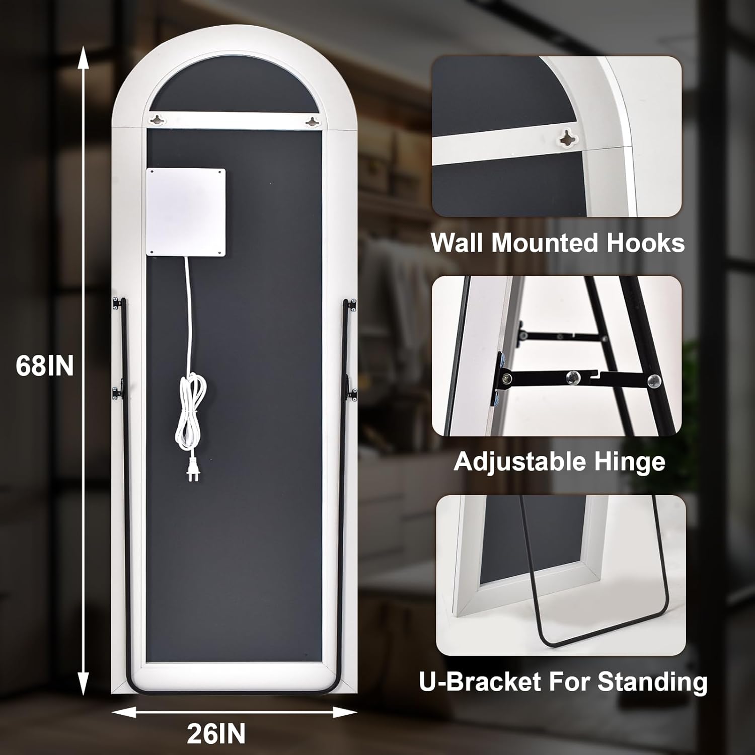 Easly 26x68 inch Full Length Mirror with Lights, LED Lighted Floor Standing, Hanging Full Length with Stand, Full Body Dressing Mirror with Dimmable 3 Color LED