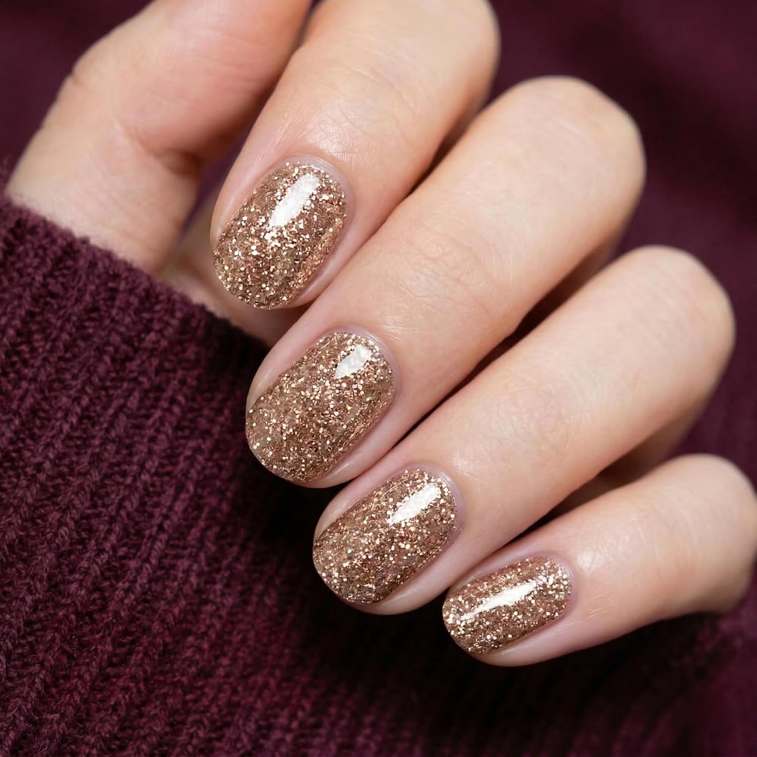 Semi Cured Gel Nail Strips - 32 Strips Set Rose Gold Champagne Glitter - Salon Quality Real Gel Nail Polish Wraps with UV Light Required - Long Lasting DIY Manicure Kit for Women