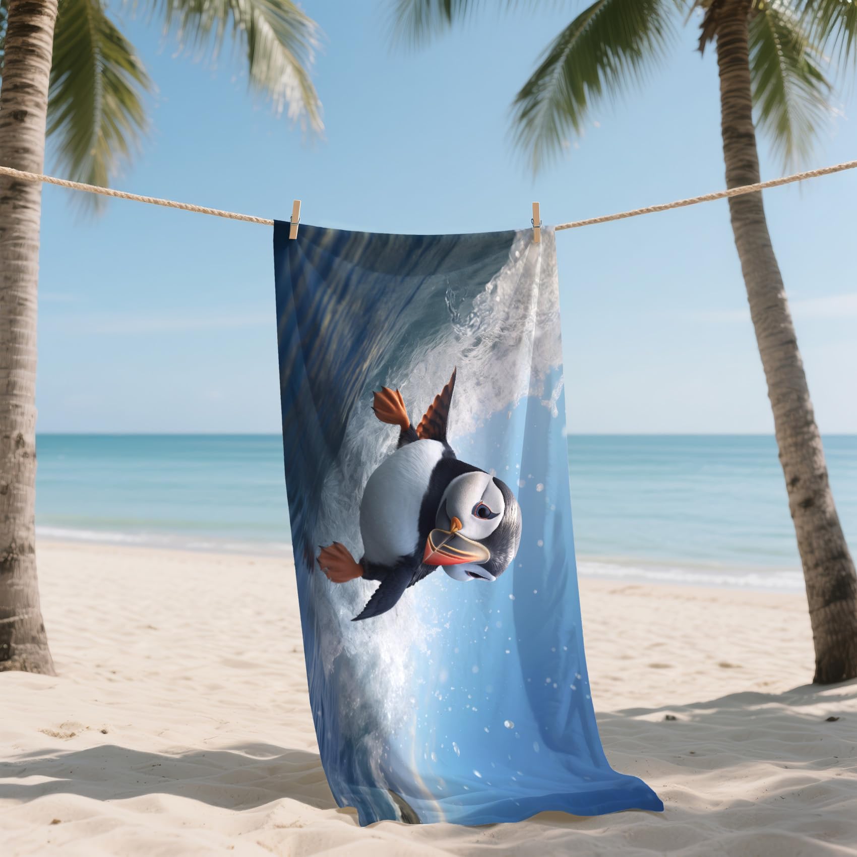 Serviette de Plage XXL Microfibre Macareux Surf, Drap de Plage Séchage Rapide Anti Sable & Légère, Serviette de Bain Grande Taille 100x200 cm, Accessoire & Cadeau été