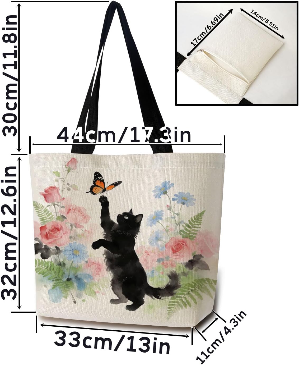Floral Black Cat Reusable Grocery Tote Bag