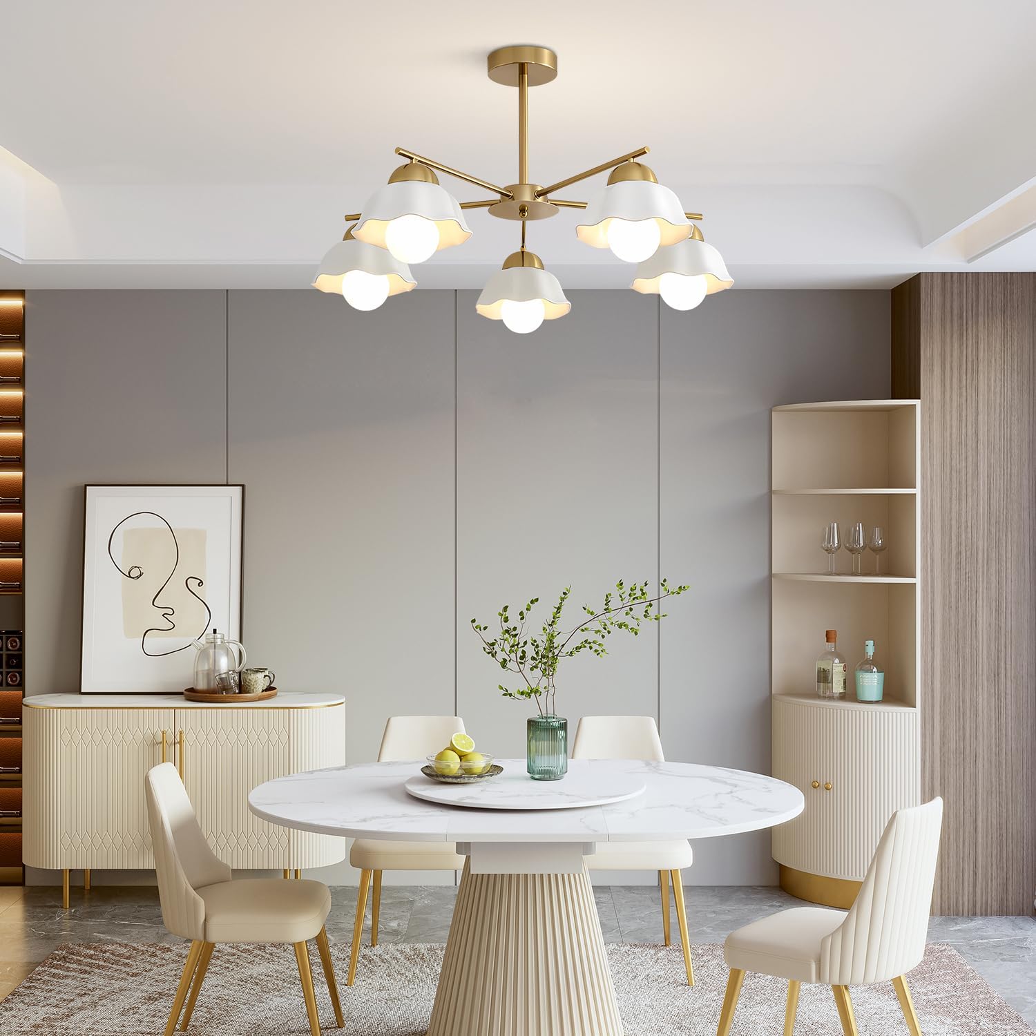 5-Light Modern Chandelier Large Opal White Glass Sputnik Pendant Light Fixture Brass Semi Flush Mount Ceiling Light Vintage Living Room Close to Ceiling Chandelier Light for Bedroom MCL08-5 GD
