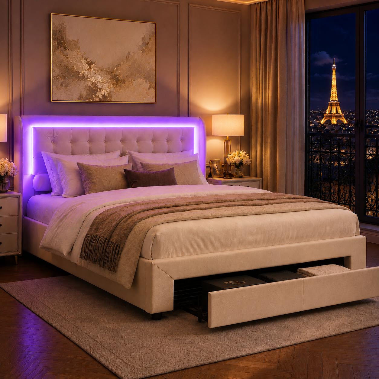 LIVLUX Lit Coffre 180 x 200 cm, Lit Double rembourré avec éclairage LED, Cadre de lit avec 2 tiroirs et Espace de Rangement, Lit 2 Personnes pour Adultes et Adolescents,Velours (180 x 200 cm C)