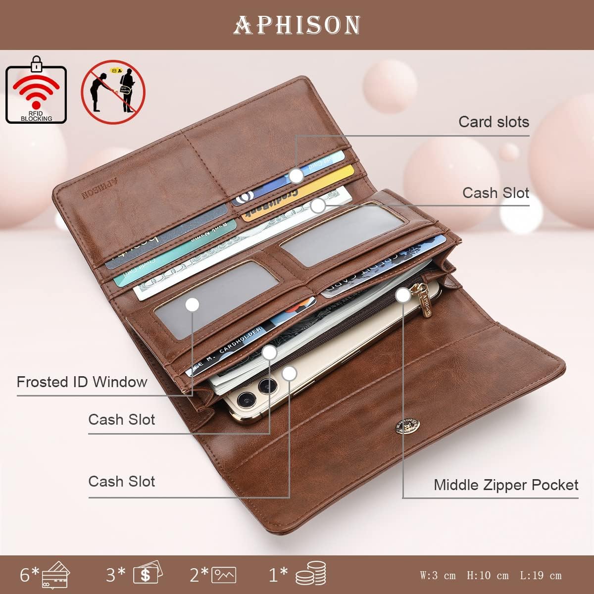 APHISON Womens Wallets RFID Blocking Leather Clutch Long Wallet for Women Card Holder Phone Organizer Ladies Travel Purse Hollow Out Sunflower Design Gift - Image 2