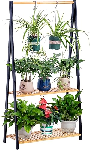 COPREE Soporte de bambú para plantas colgantes de 2 niveles, estantes para macetas de flores, estante organizador de macetas múltiple, estante de