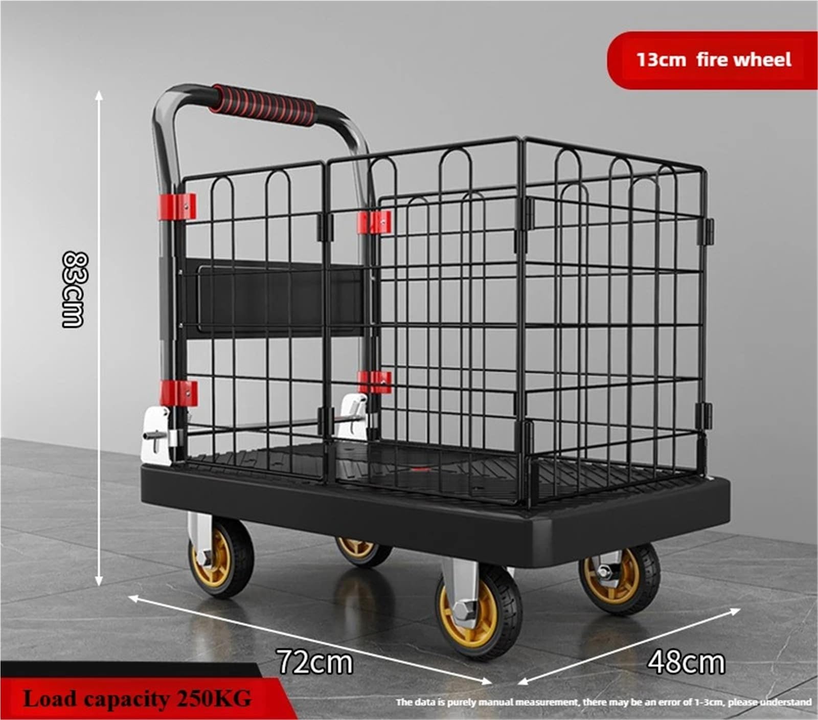 Składany wózek płaski, 4-kołowy cichy wózek do transportu artykułów gospodarstwa domowego, boczne ogrodzenia, nośność 250 kg