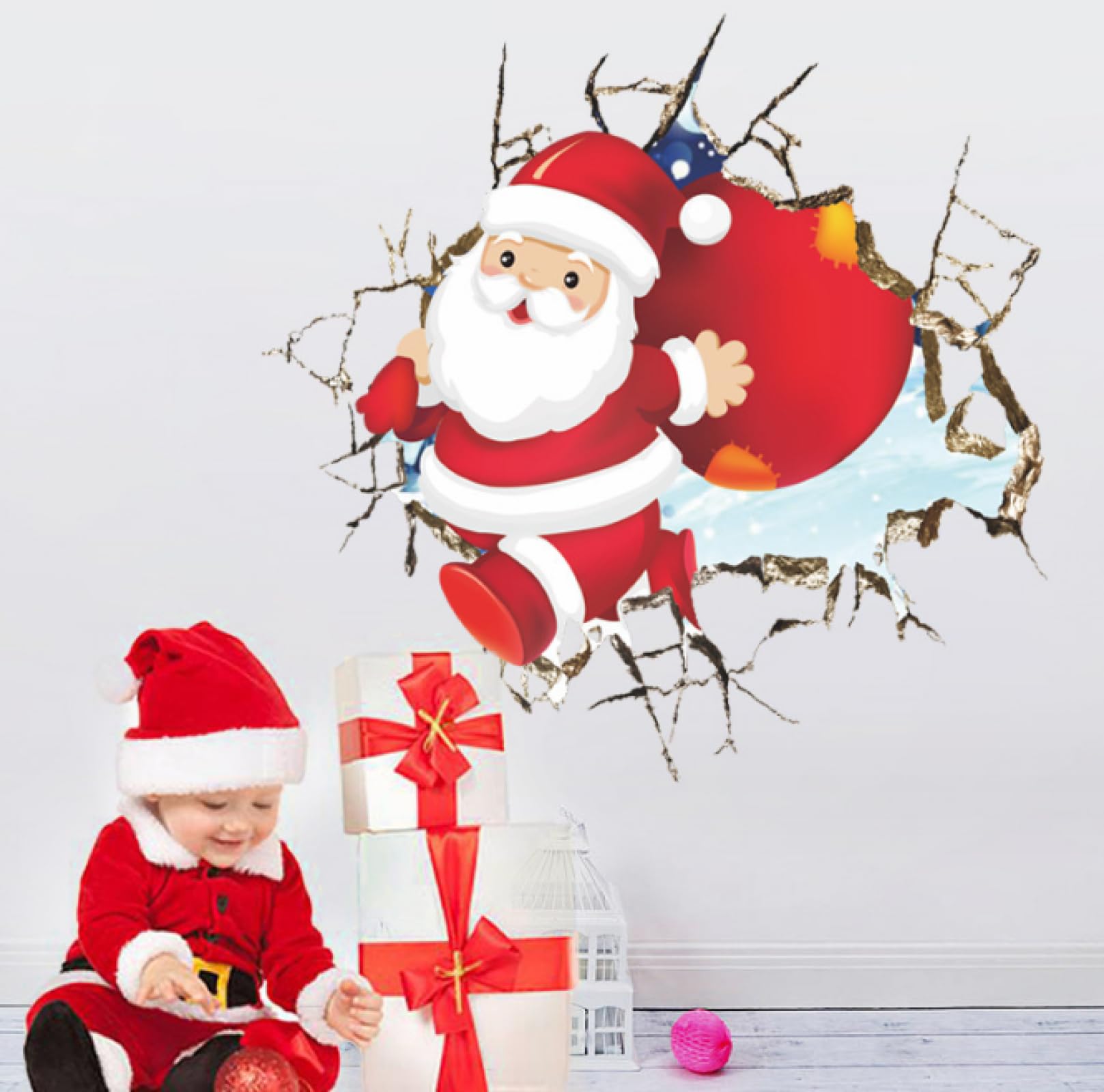 Autocollant Mural 3D Père Noël - 35x40 Cm, PVC - Décor De Noël Humoristique (Père Noël Traversant Le Mur) - Pour Salon, Chambre, Salle De Bain