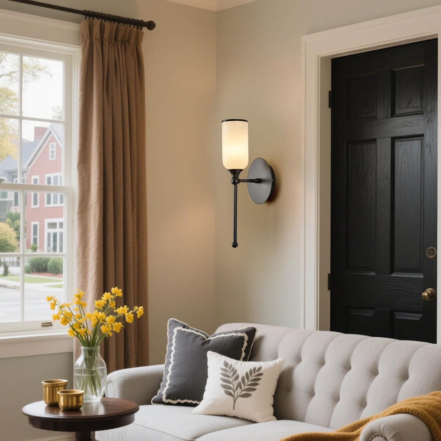 vntage Alabaster Wall Sconce, 15.4inch Natural Marble Lampshade Wall Sconce, Hardwired Sconce LED Modern Wall Lamp for Bedroom, Stairs, Living Room, Bedside, Hallway Black