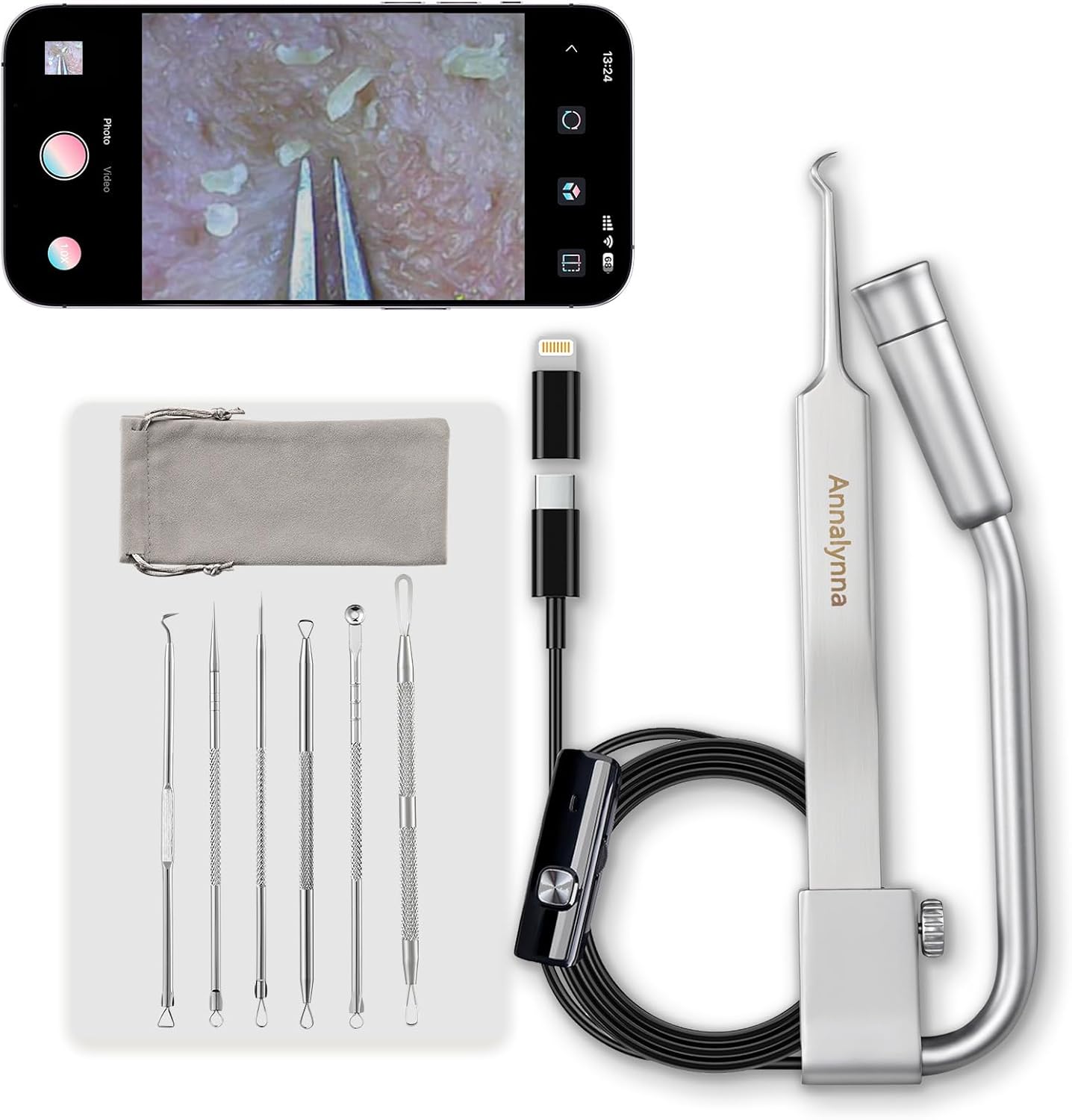 Luma 1 Visual Blackhead Remover Tweezers with Camera - Pimple Popper Tool with Camera 20x Magnification, 1080P, 8 LED Lights, with Blackhead Remover Pimple Popper Tool Kit (6 Piece Kit)