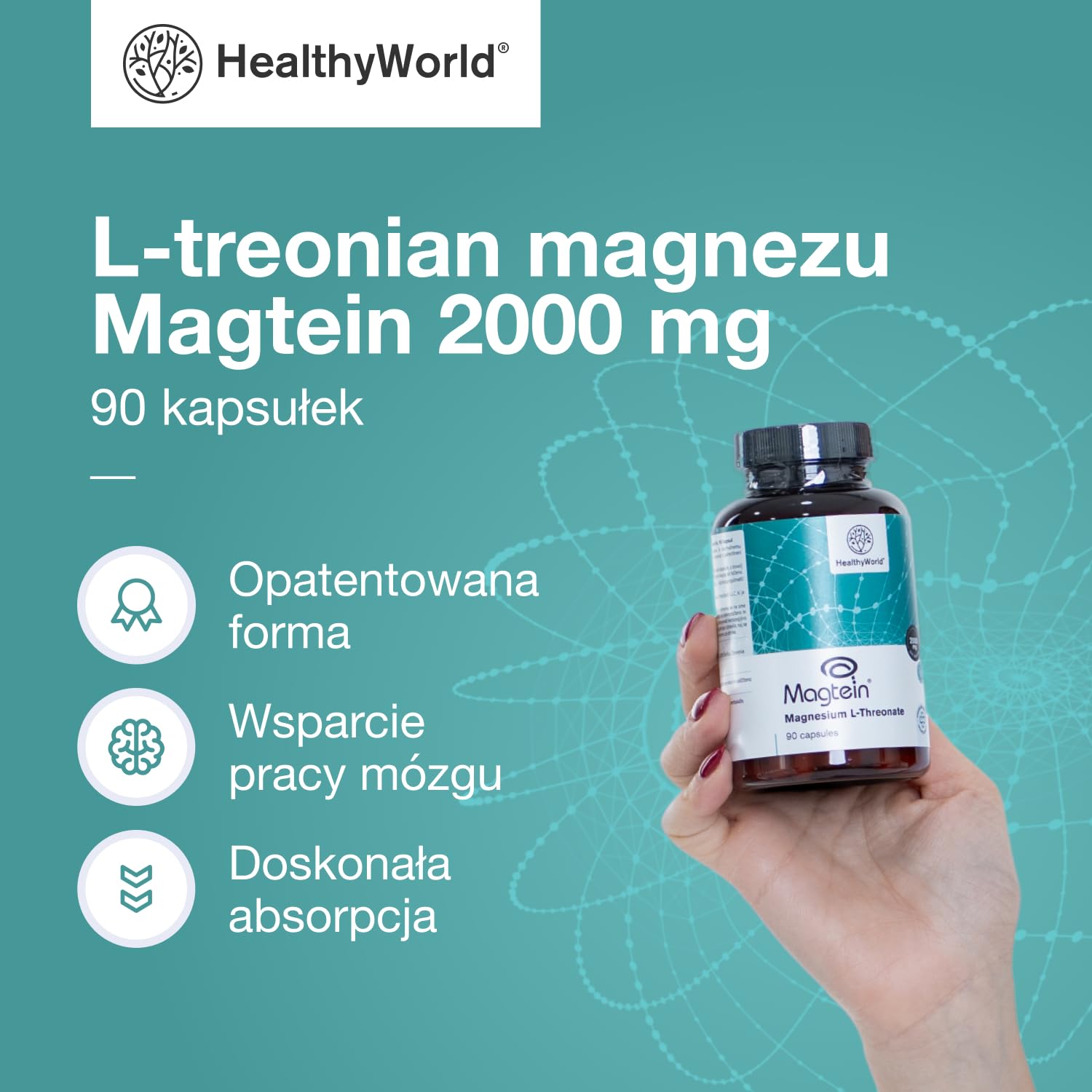 HealthyWorld L-treonian magnezu Magtein 2000 mg – 90 Kapsułek – Opatentowana forma – Wsparcie Układu Nerwowego i Witalności – Wysoka Absorpcja – Bez Alergenów