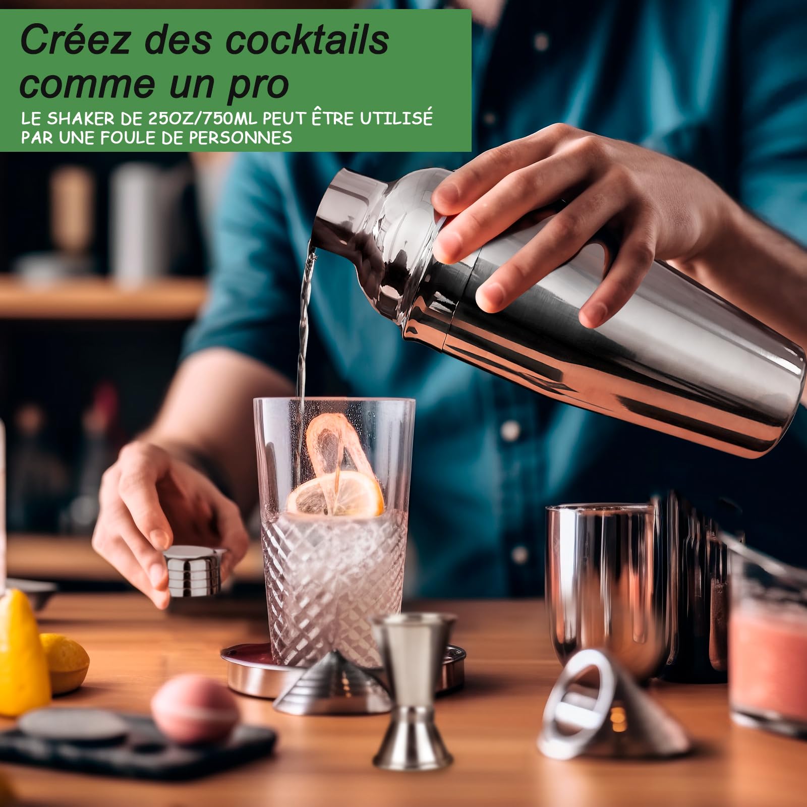 Ensemble Shaker à Cocktails avec Support, Mixeur à Boissons en Acier Inoxydable avec Tous Les Accessoires Essentiels, Kit d'outils de Bar Professionnel, Cadeau pour Homme, Papa, Femme