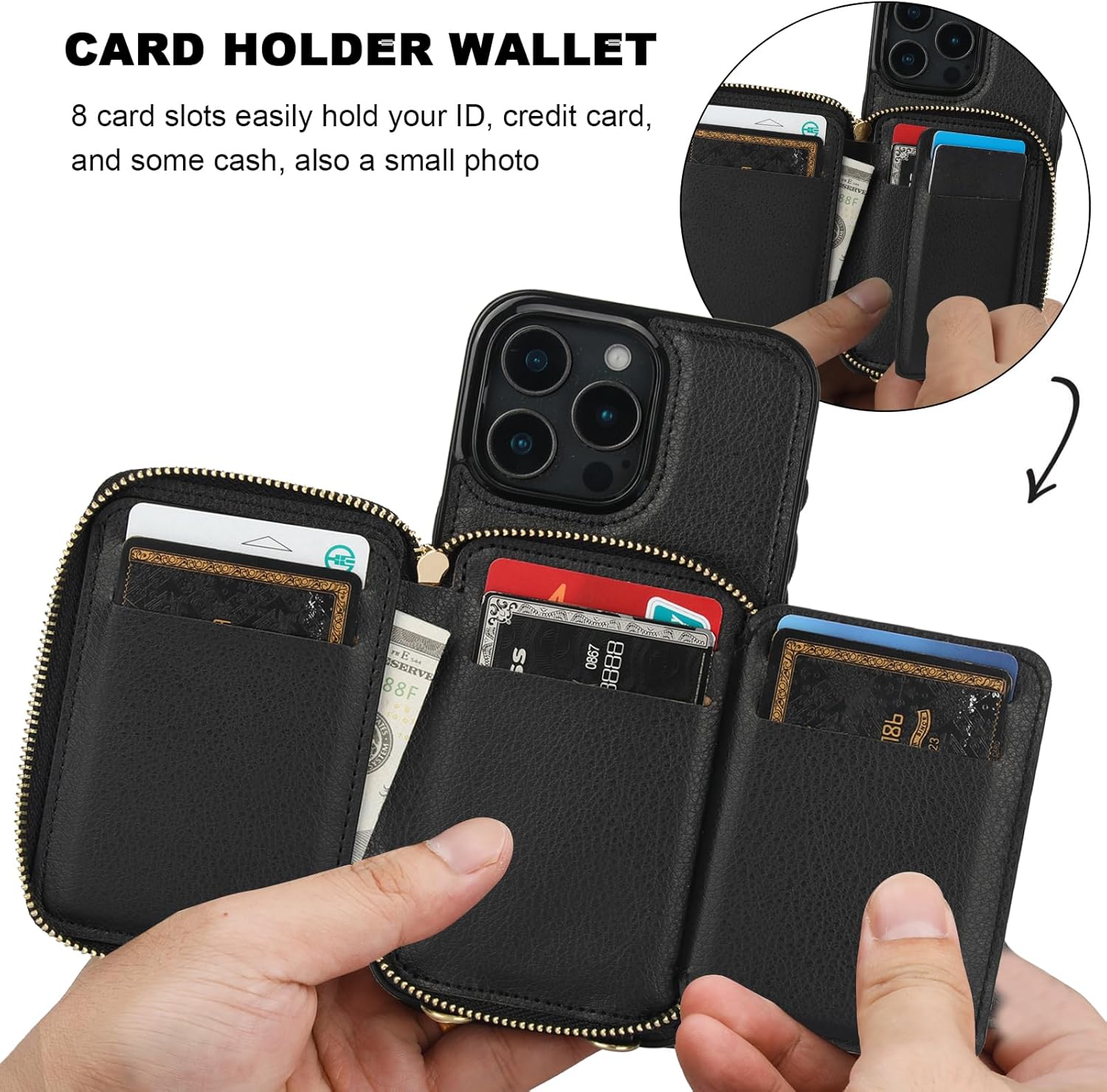 Bocasal RFID Blocking Wallet Case for iPhone 16 Pro Max, Adjustable Crossbody Zipper Purse Case Card Holder with Kickstand Detachable Wrist Strap, PU Leather Flip Folio Case 6.9 Inch 5G (Black) - Image 4