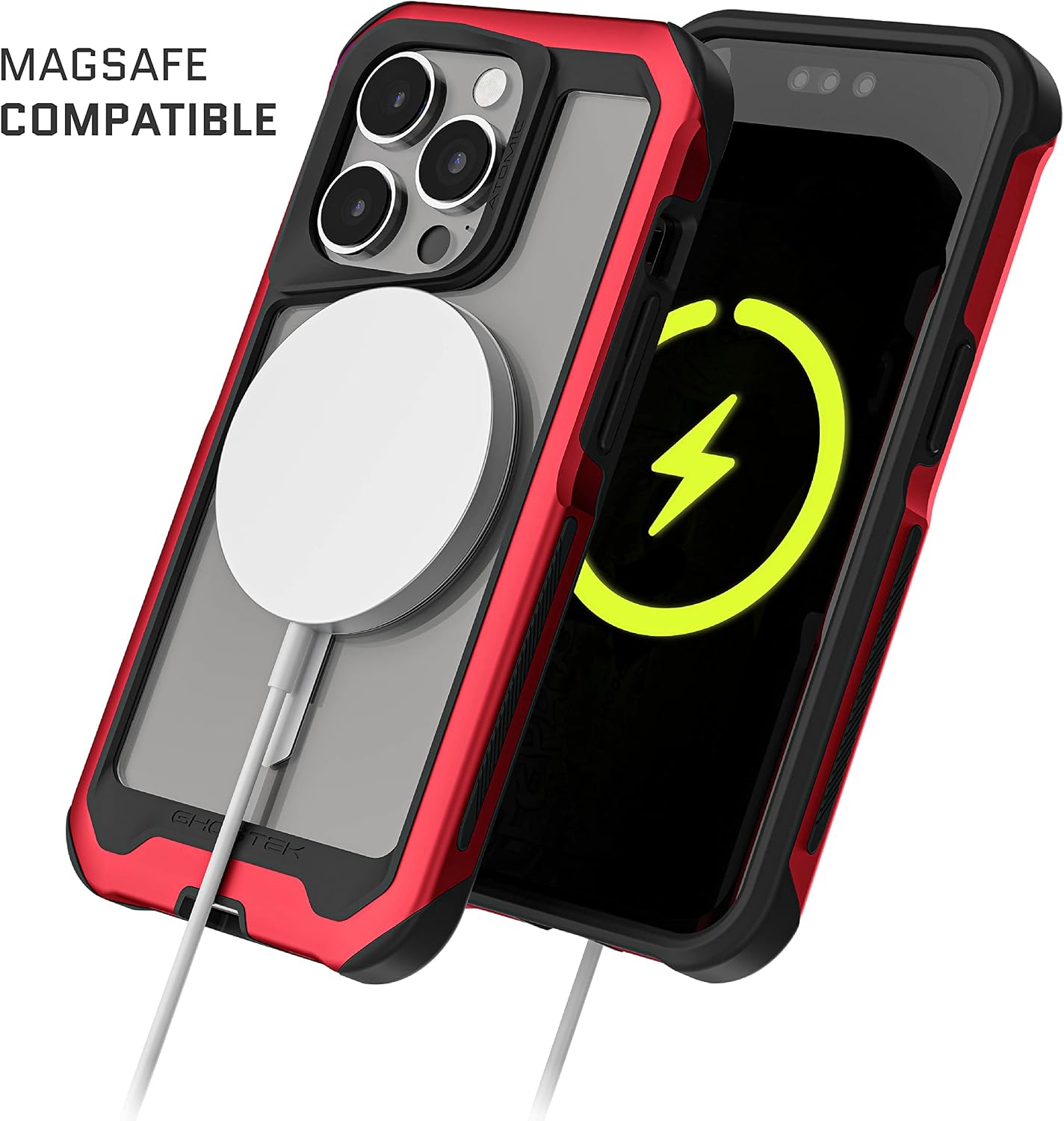 Ghostek ATOMIC slim iPhone 14 Phone Case with MagSafe Magnetic Ring and Clear Back Design Tough Heavy Duty Aluminum Metal Bumper Non-Slip Grip Covers Designed for 2022 Apple iPhone 14 (6.1 inch) (Red)