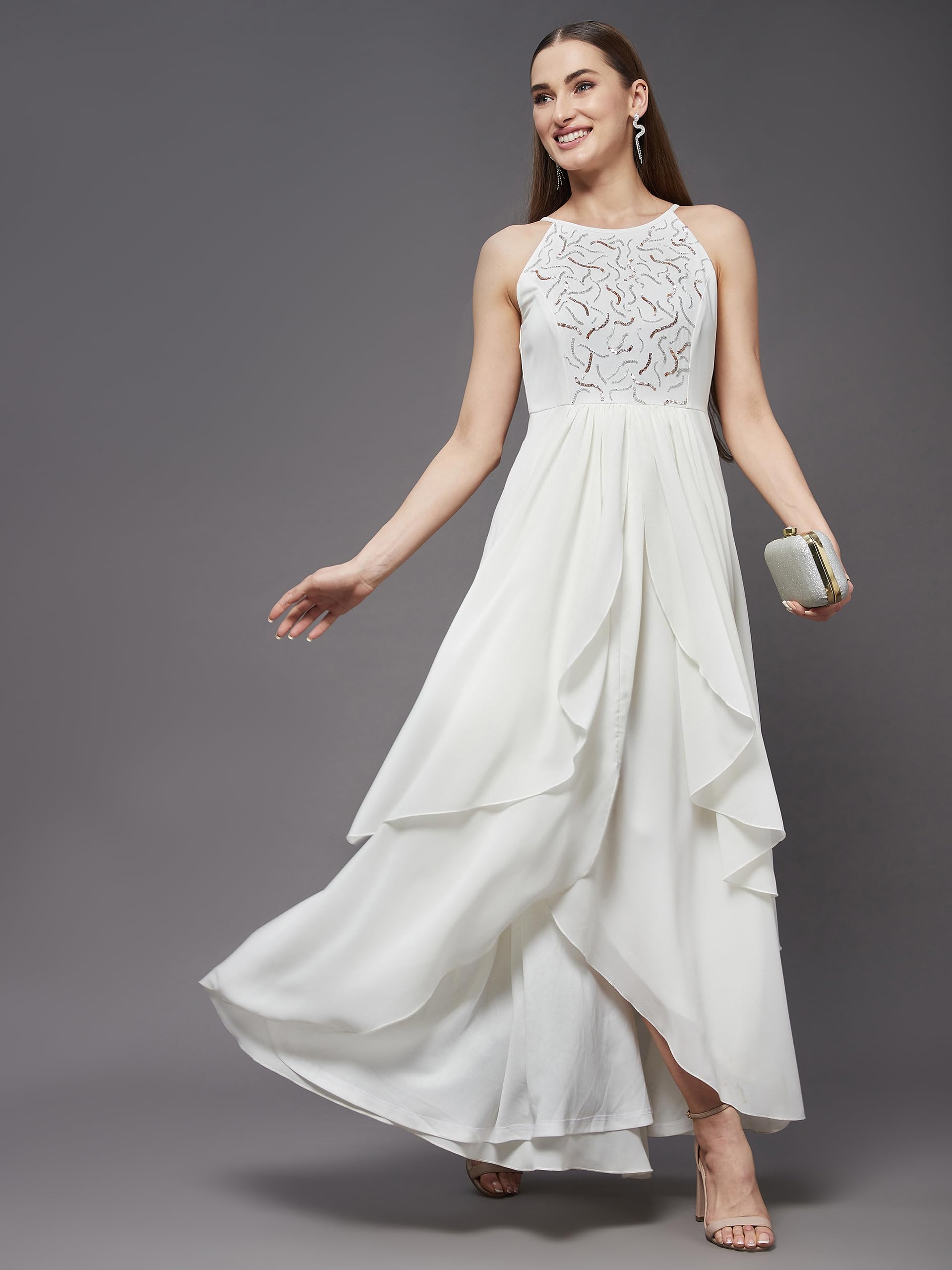 Miss Chase Women's Teal Round Neck Sleeveless Solid Embellished Maxi Dress (Medium, Off White)