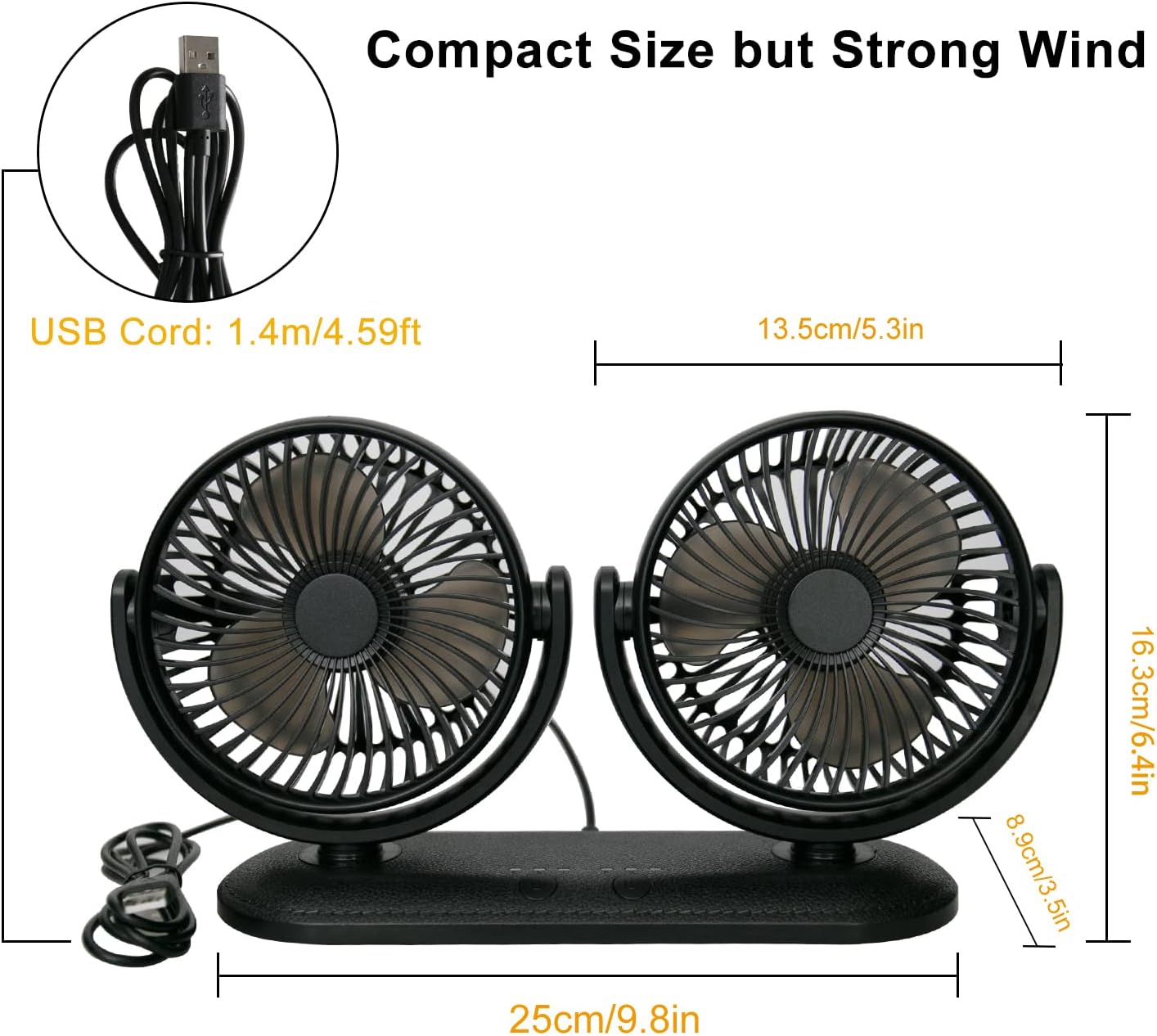 Portable Dual Head Car Fan USB Powered 300 Degree Rotation Auto