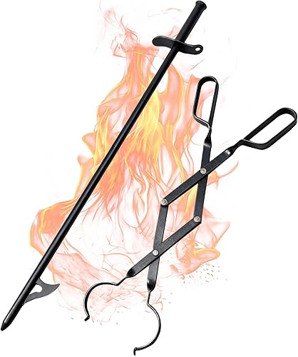 VODA Juego de pinzas para póquer de fuego y chimenea, póker de 31 pulgadas con función de soplado, pinzas de leña de 24 pulgadas, 2 piezas