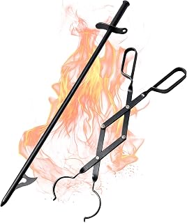 VODA Fire Poker and Fireplace Tongs Set - 31" Campfire Poker with Blow Poke Function, 24" Firewood Tongs, 2 Part Assembled Fire Pit Poker, Log Grabber for Firepit Bonfire Wood Stove Fireplace