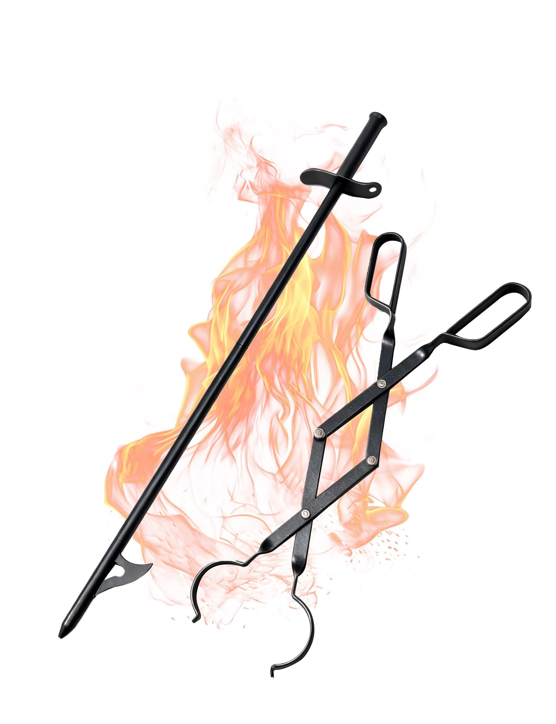 VODA Fire Poker and Fireplace Tongs Set - 31" Campfire Poker with Blow Poke Function, 24" Firewood Tongs, 2 Part Assembled Fire Pit Poker, Log Grabber for Firepit Bonfire Wood Stove Fireplace