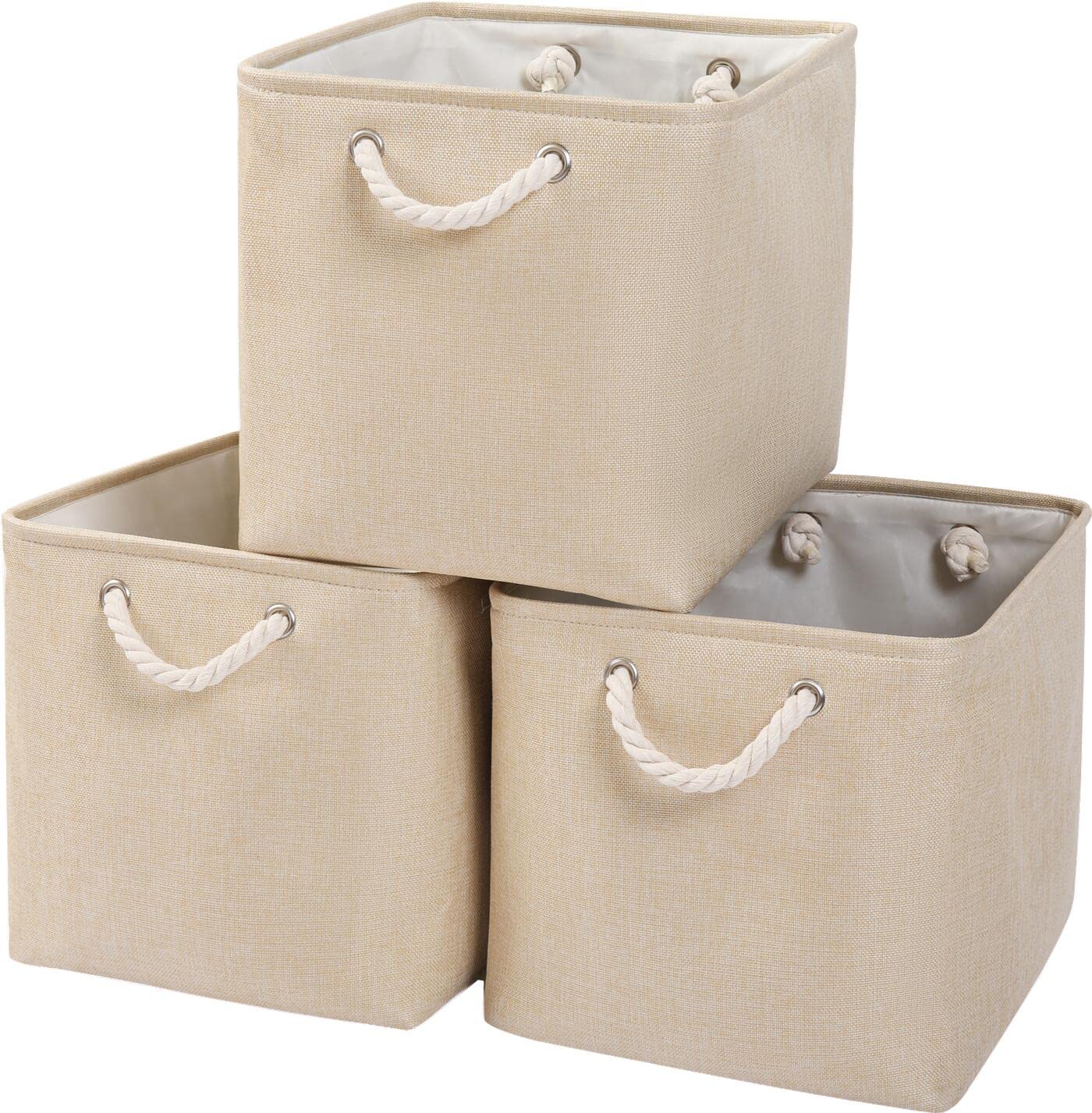 Mangata Aufbewahrungsbox, 33x38x33cm Aufbewahrungskorb Stoff, Box in Würfel für Schrank, Regal, und Kleidung(Beige, 3er Pack)
