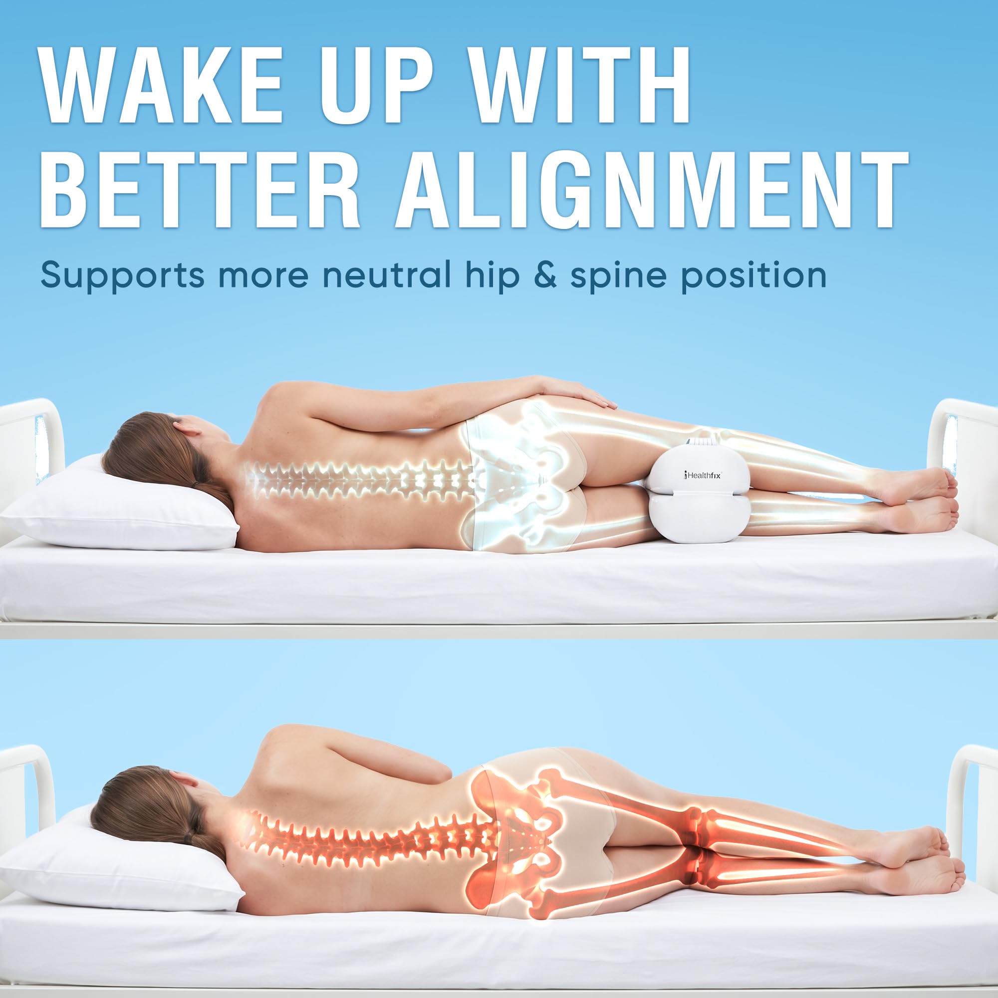 Healthfix Almohada ortopédica para las rodillas para dormir de lado, con correa, 2 piezas de espuma viscoelástica y funda lavable (blanco)