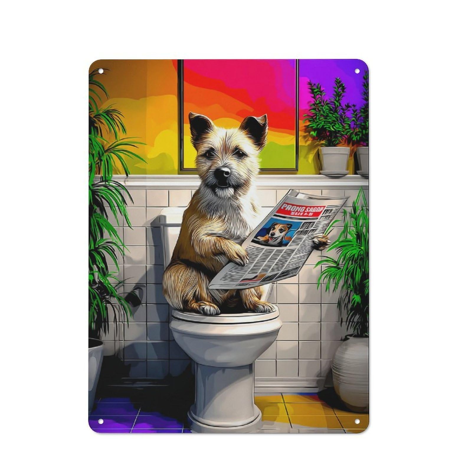 Junmoney Dog Reading Newspaper On Toilet-2 Loft Style Metal Wall Decor 40X30cm, Decorative Metal Plaque For Loft, Studio, Office Or Creative Room