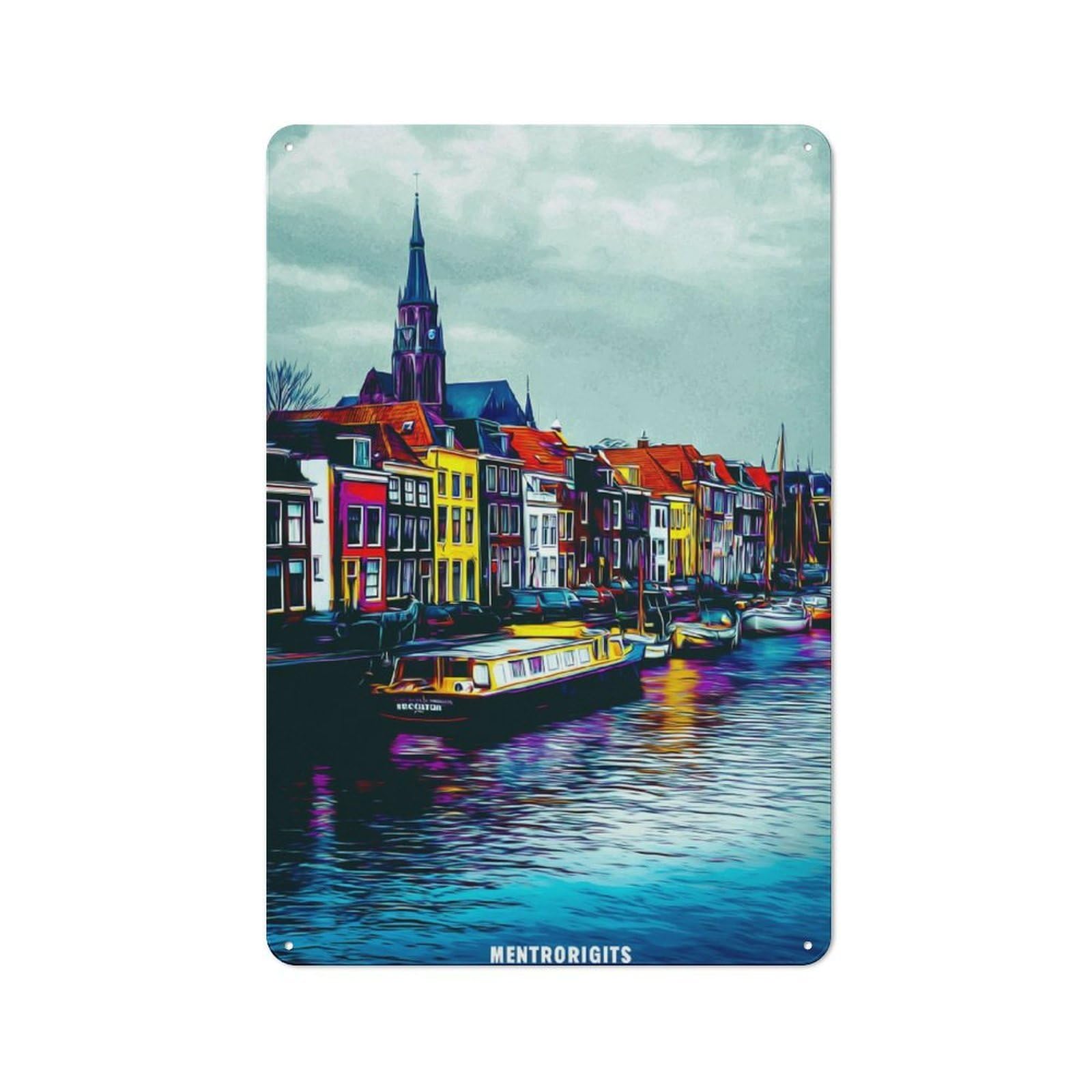 Junmoney Colorful Canal Scene With Boats Tin Wall Plaque 30X20cm With For Home Bar Wall, A Decorative Christmas Gift For Hosts Who Enjoy Retro Interiors